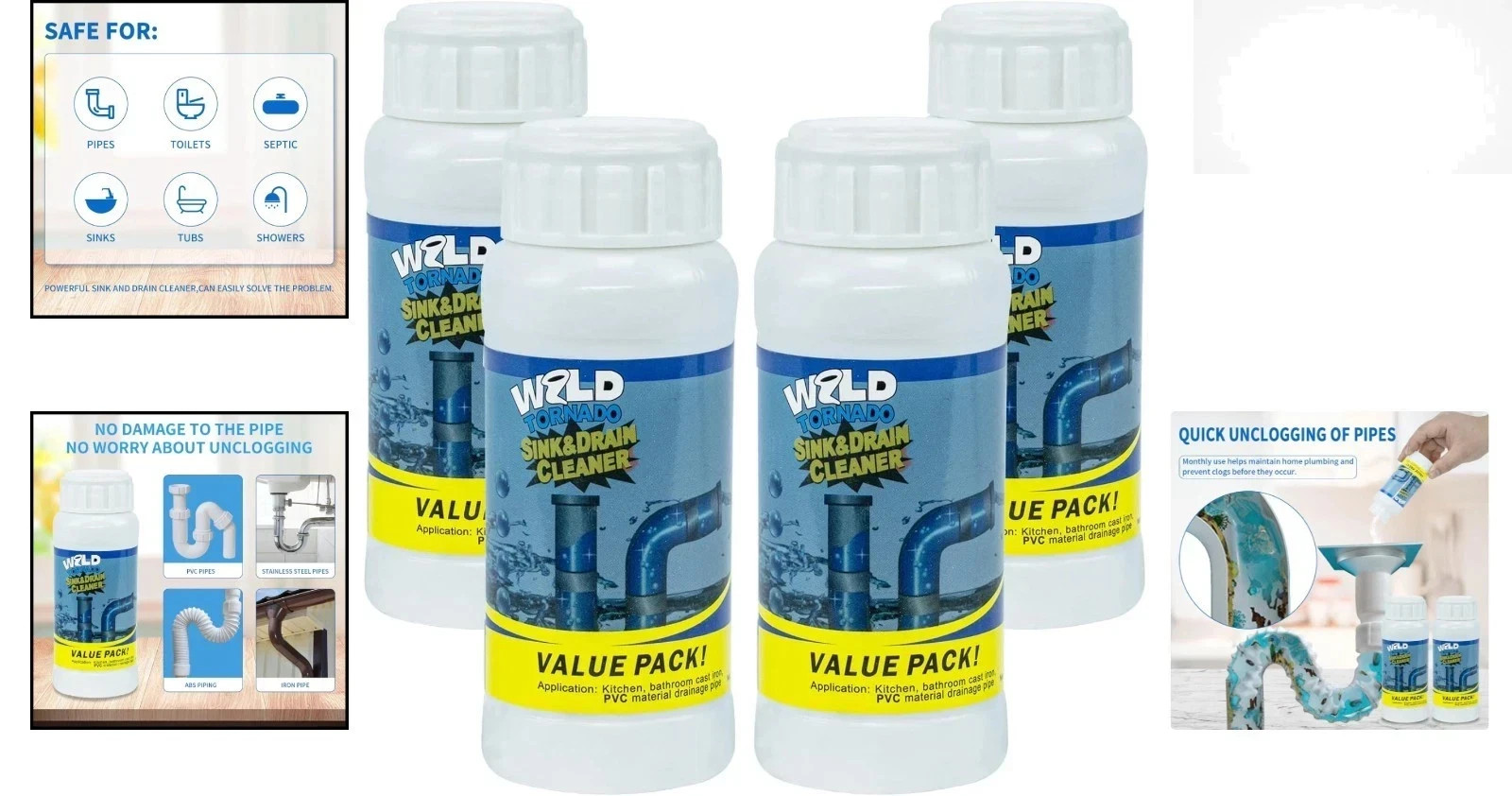 4-Piece Wild Tornado Powerful Drain Cleaner Powder for Quick Pipe Unclogging