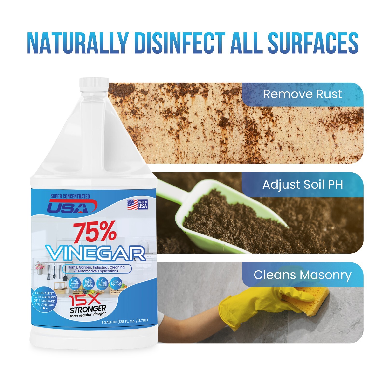 Super Concentrated USA 75% Pure Vinegar – Dilutes to 15 Gallons – 15x Power