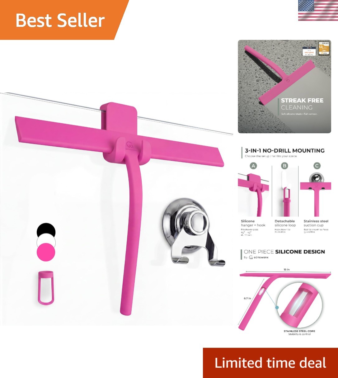 Silicone Shower Squeegee with 3-in-1 No-Drill Mount, Pink, 15” | Squeegee fo…
