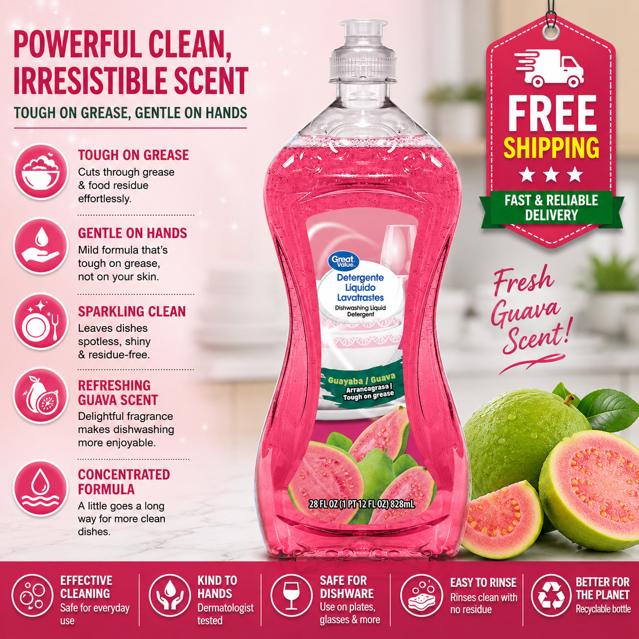 Great Value Dish Washing Liquid Detergent, Guava, 28 fl oz- Free Shipping