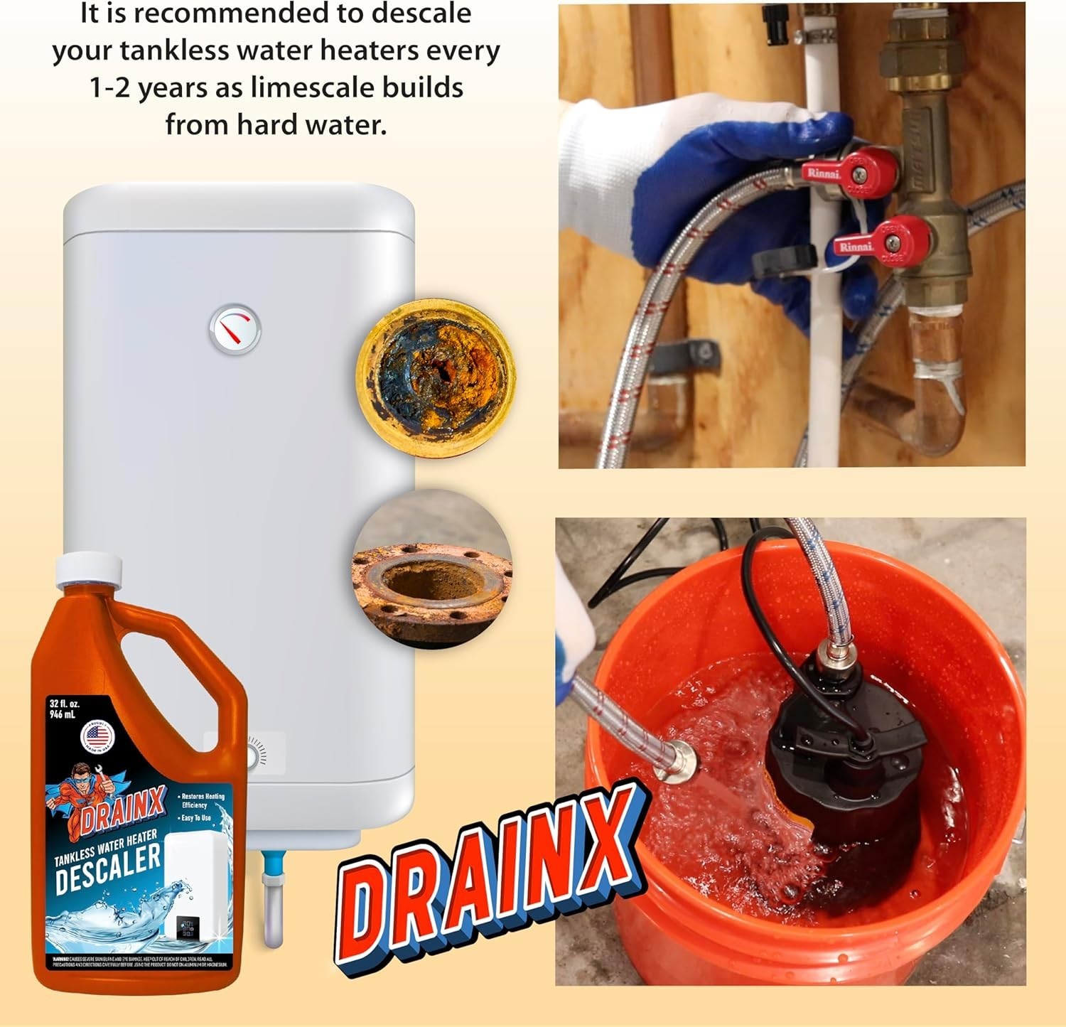Tankless Water Heater Flushing Kit, Eco-safe Liquid Descaler and 1/6HP Pump