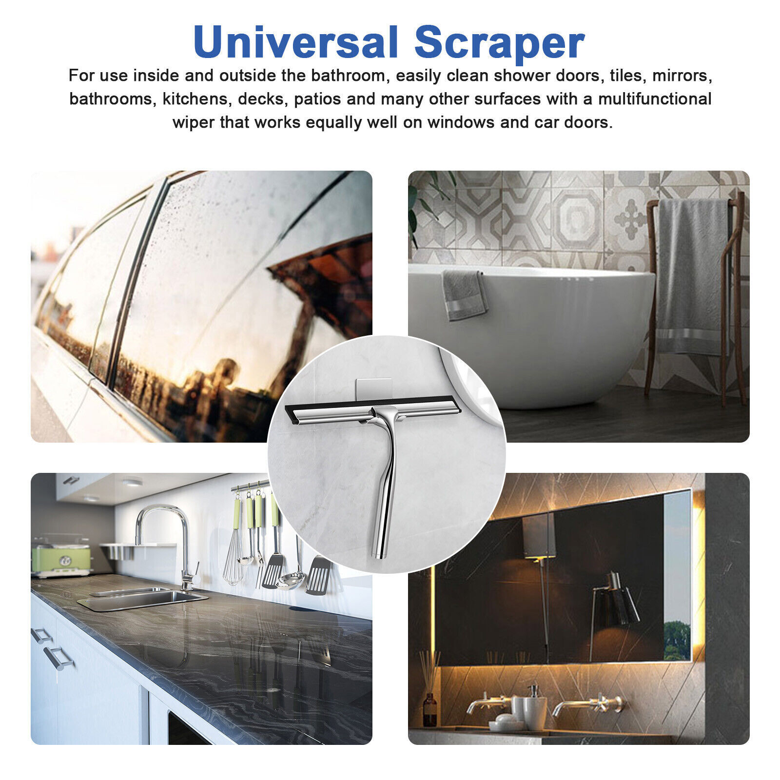 1Pc Stainless Steel Shower Squeegee for Car with 1 Adhesive Hook Silver Bathroom