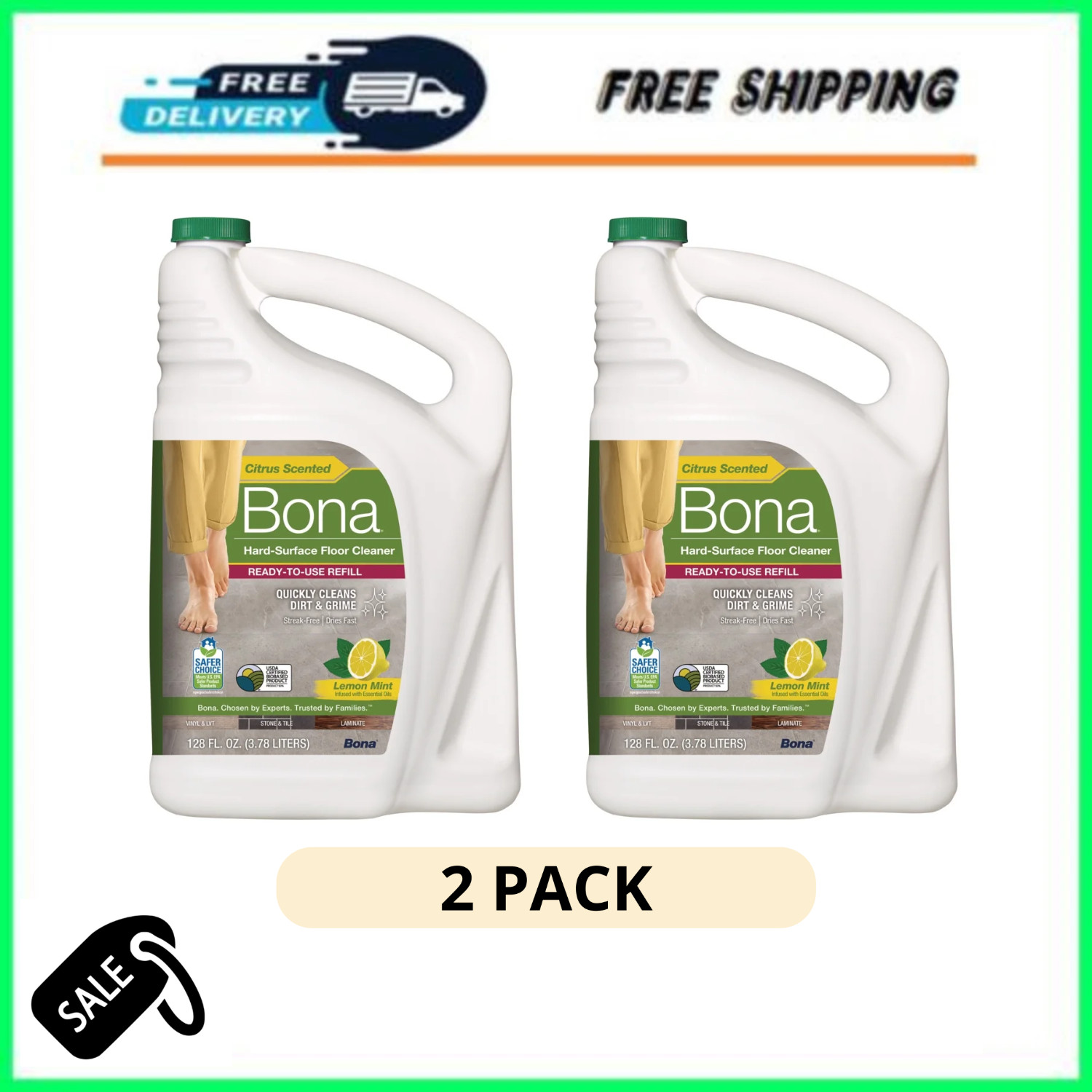 2 Pack Bona Hard Surface Floor Cleaner 128 oz Lemon Mint Shine Clean Floors