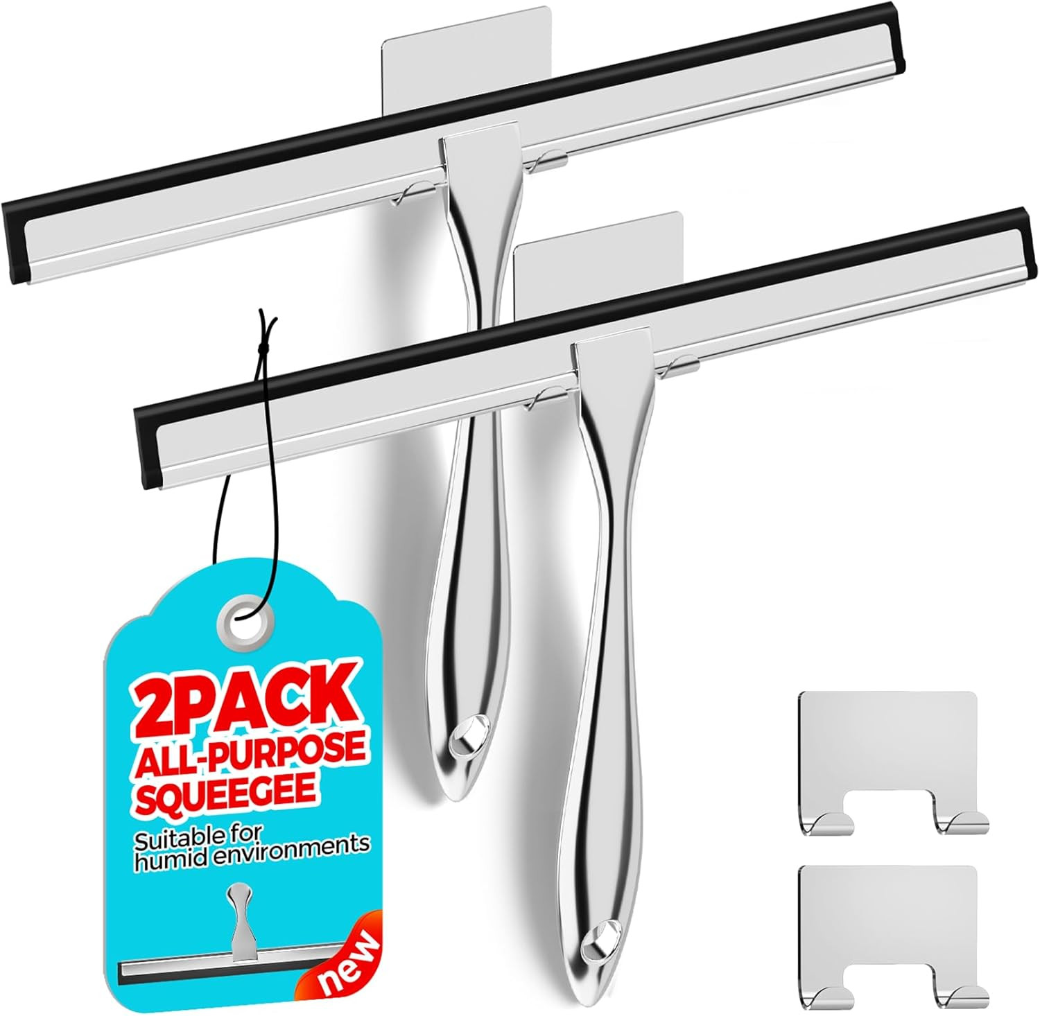 2 Pack Stainless Steel Shower Squeegee for Glass Doors, Windows and Mirrors