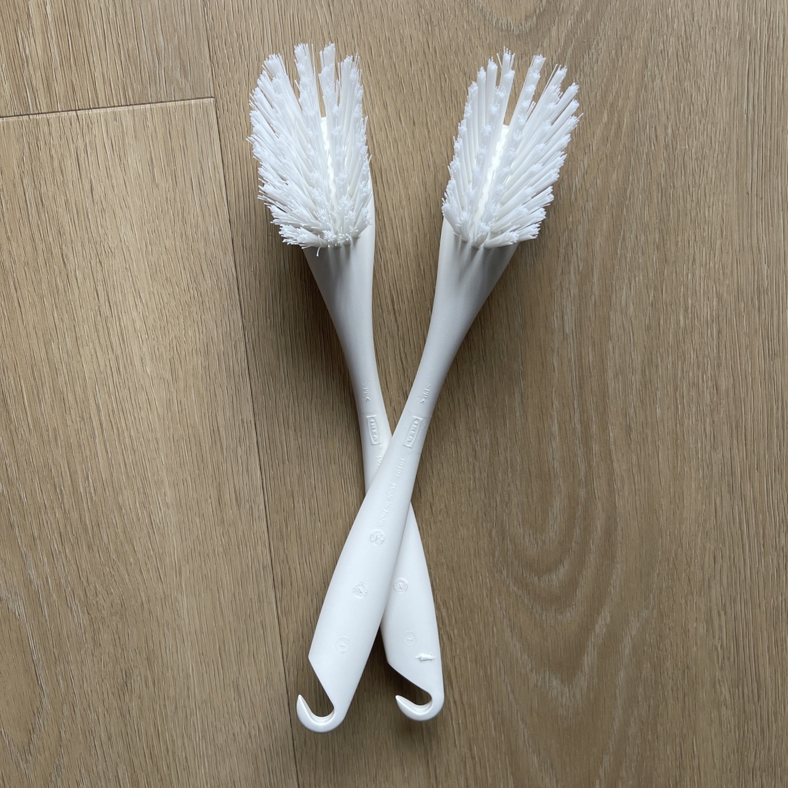 Two white IKEA Hook Cleaning Washing Scrub Brushes-Safe For Nonstick Cookware