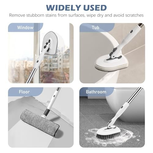 4-in-1 Tile Tub Floor Scrubber with 52″ Adjustable Handle & Window Scrubber, 3 B