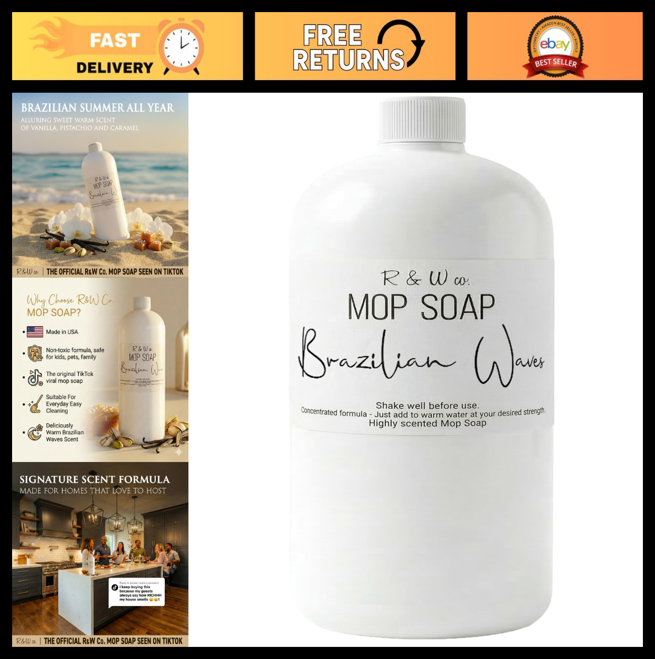 Premium 32 oz Mop Soap – Brazilian Waves Scented, Non-Toxic Floor Cleaner, Strea