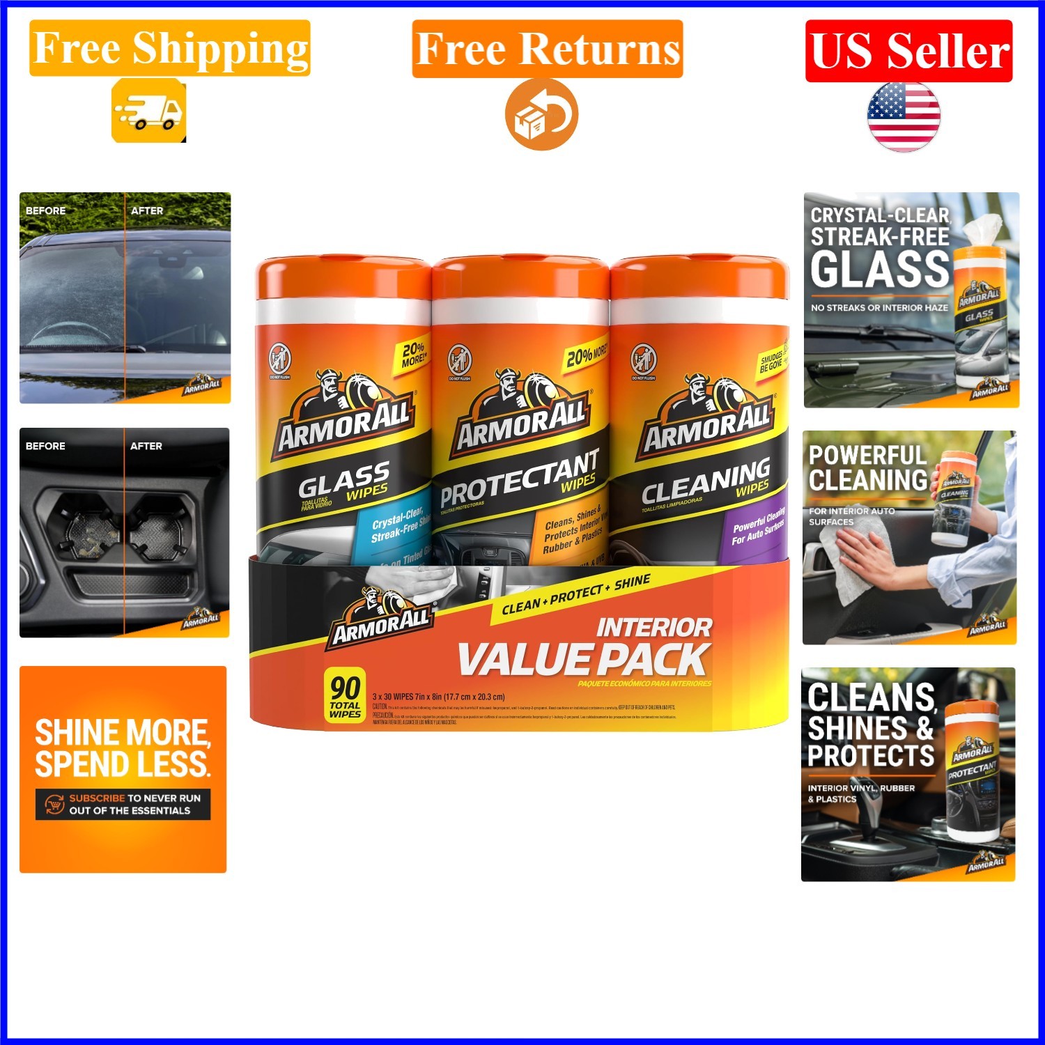 Car Interior & Exterior Wipes Pack, 90 Count, Multi-Use, Canisters