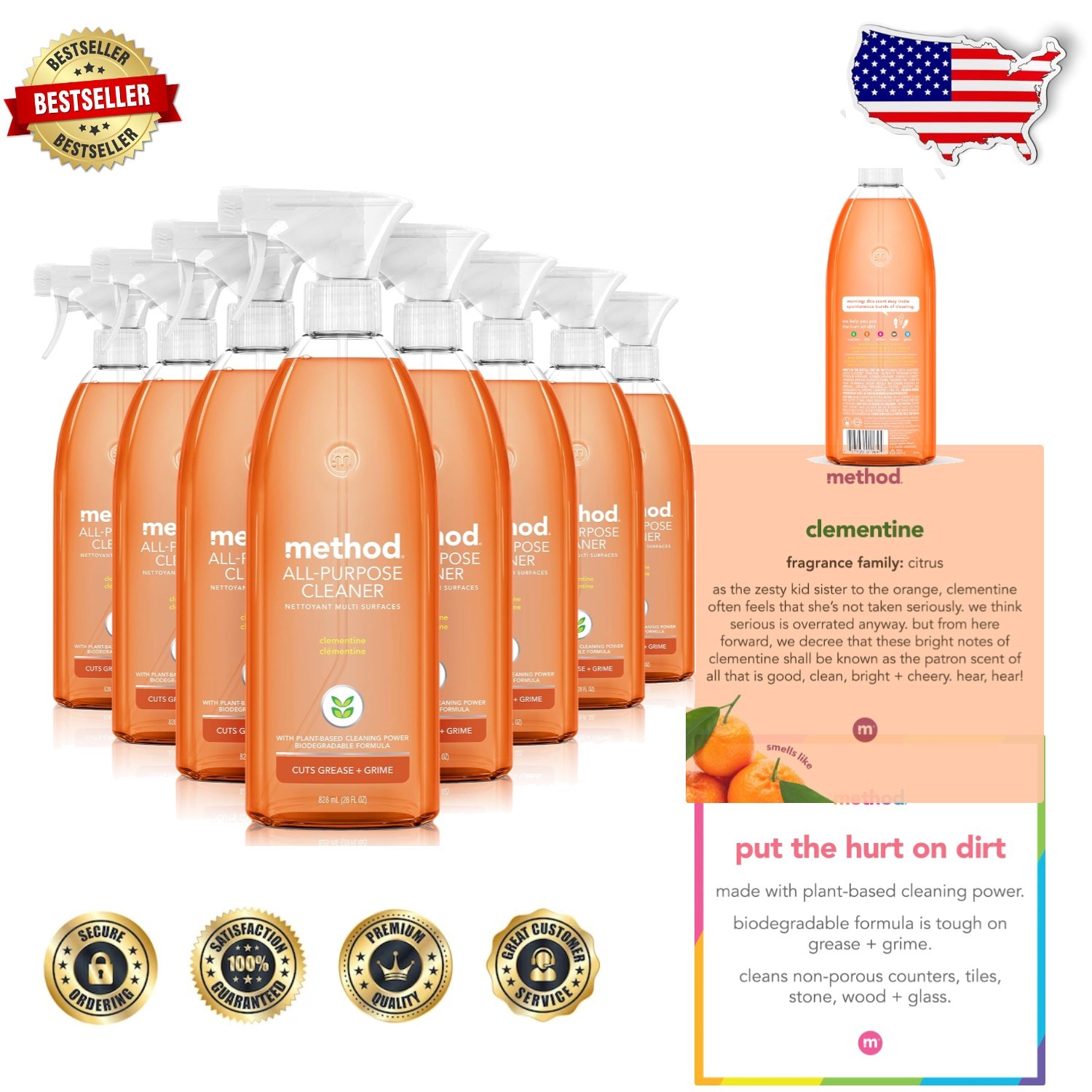 Method Clementine All-Purpose Cleaner 8pk 28oz Cruelty-Free Grease Grime Buster