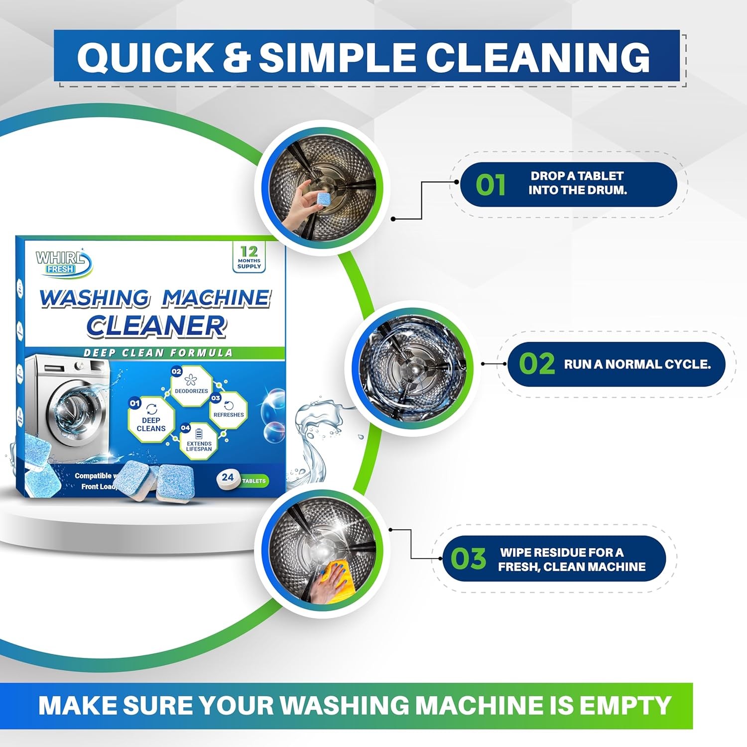 Washing Machine Cleaner Tablets 24 Pack Deep Cleaning Front Load Top Load