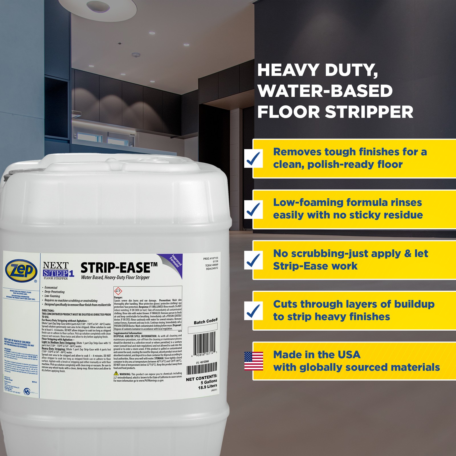 Zep Strip Ease Water Based Heavy Duty Floor Stripper – 5 Gallon (Case of 1)