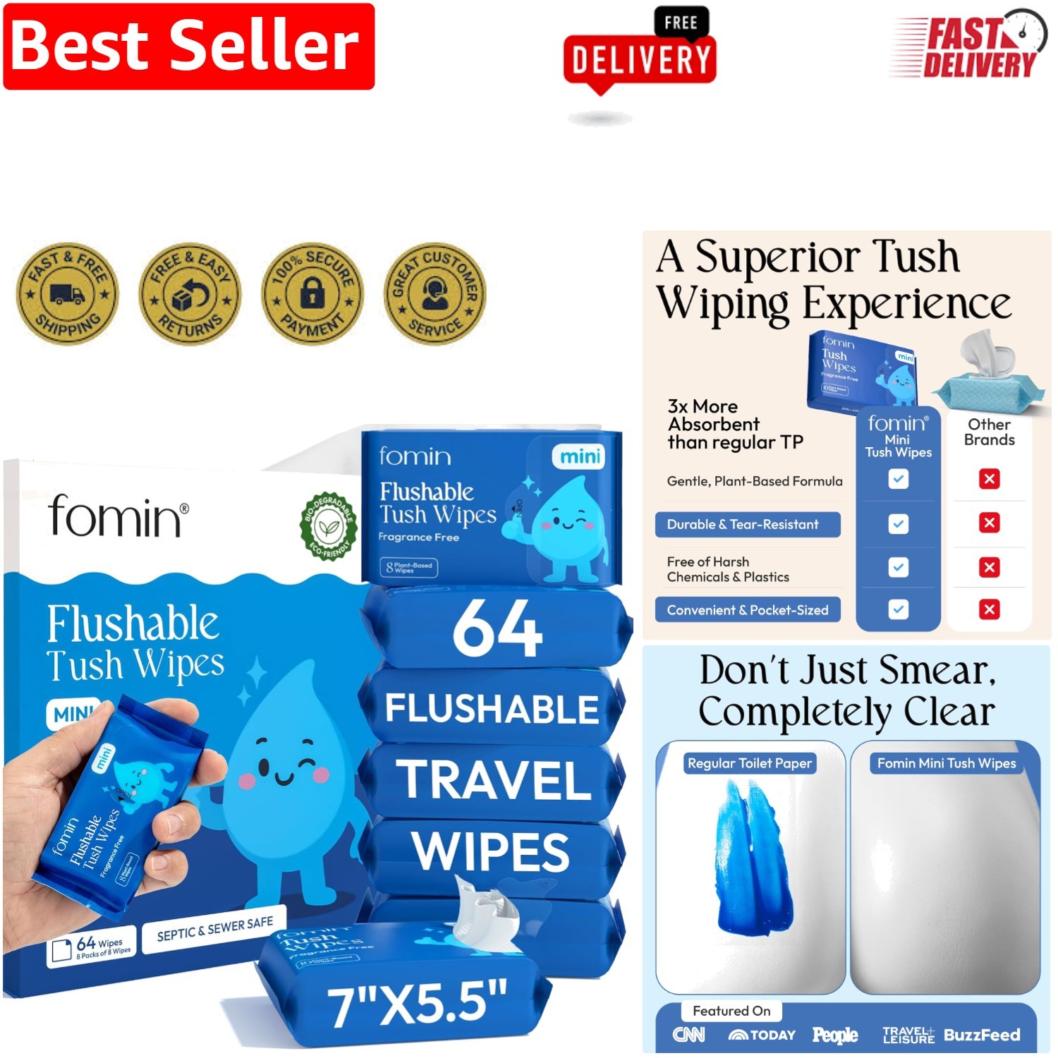 Luxury Flushable Wipes – 64 Count Unscented, pH Balanced for Sensitive Skin