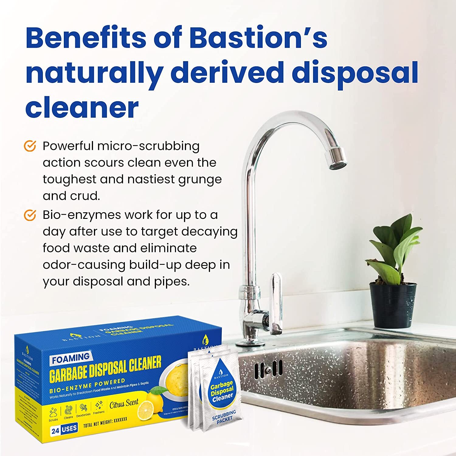 Bastion Foaming Garbage Disposal Cleaner & Deodorizer – 24-Count. Lemon Scented