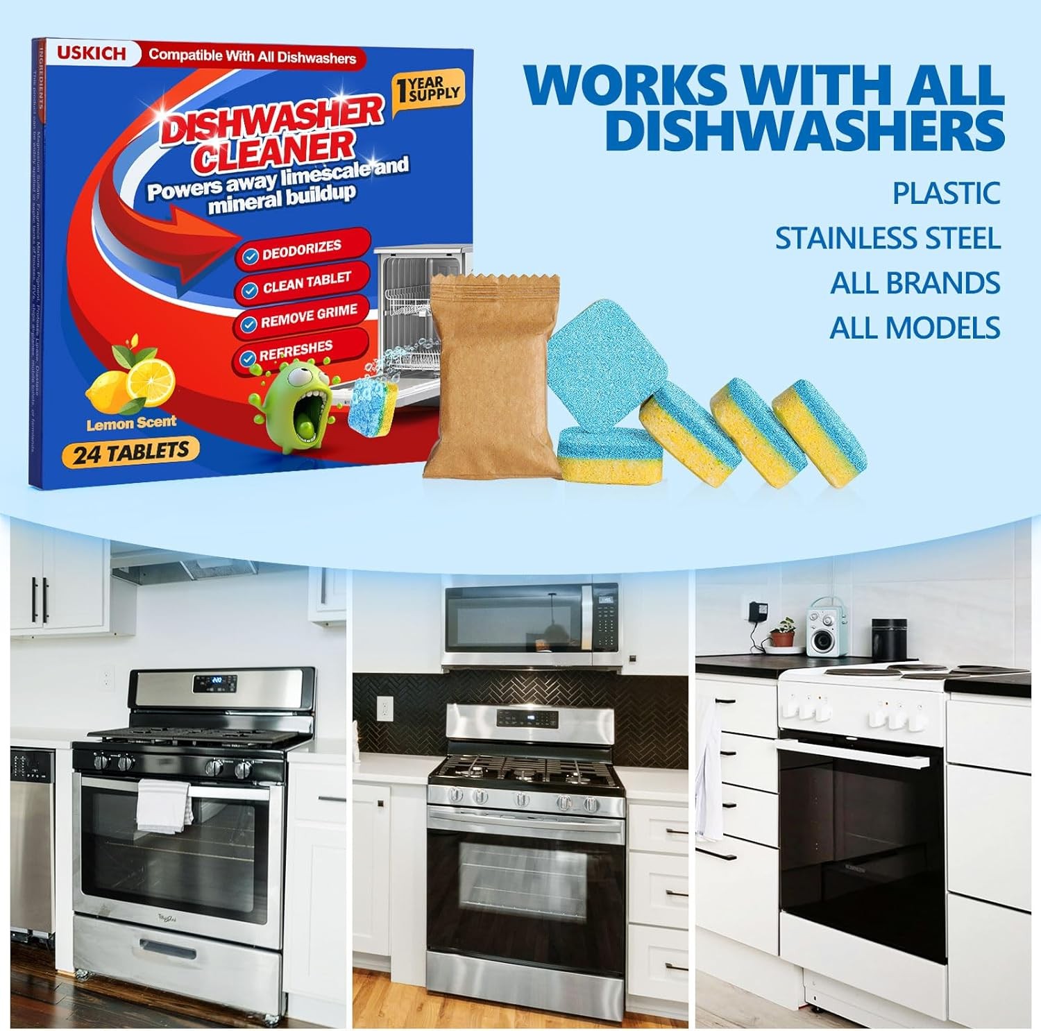 Dishwasher Cleaner And Deodorizer Tablets 24 Pack, Deep Cleaning Descaler Pods