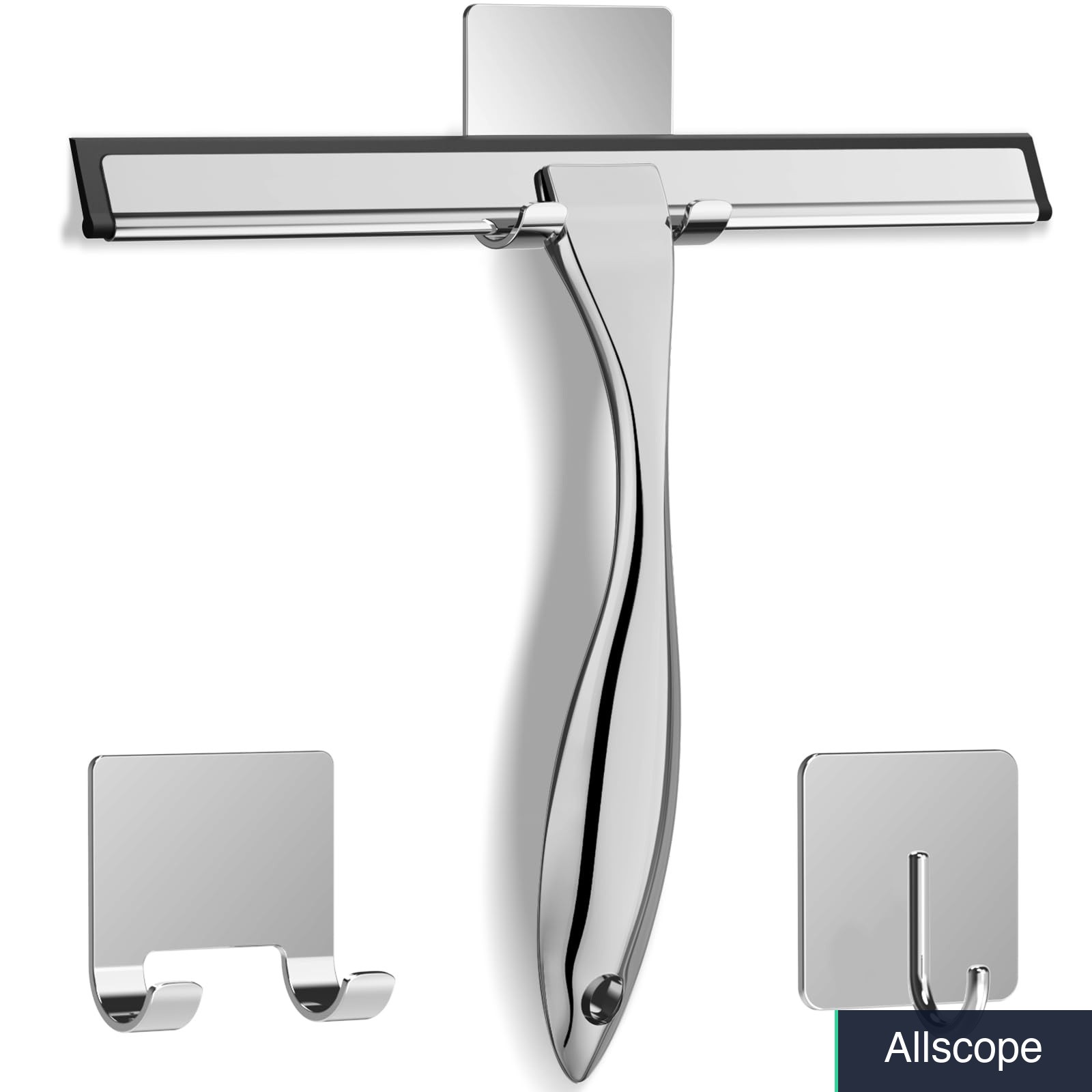 Shower Squeegee Stainless Steel Silicone Blade 10 Inch Adhesive Hooks