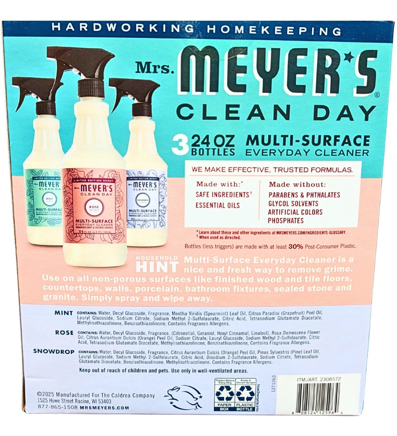 Mrs. Meyer’s Multi-Surface Everyday Cleaner Spray Bottles, 24 fl oz, 3-pack