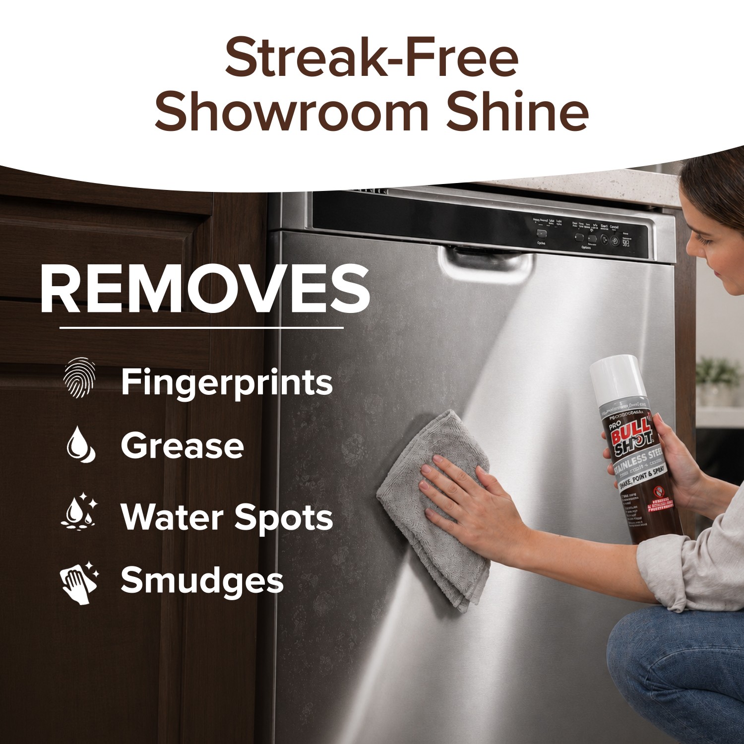 Bull Shot Stainless Steel Cleaner Spray, Cleans & Removes Greasy Fingerprints
