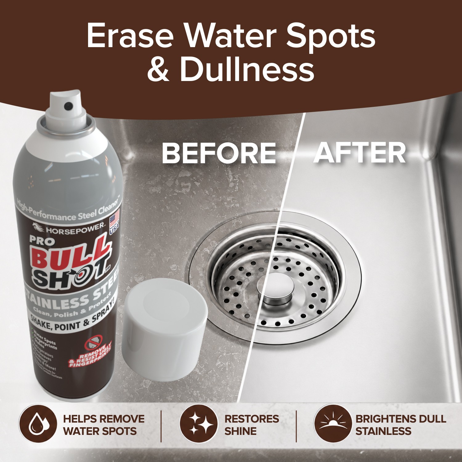 Bull Shot Stainless Steel Cleaner Spray, Cleans & Removes Greasy Fingerprints