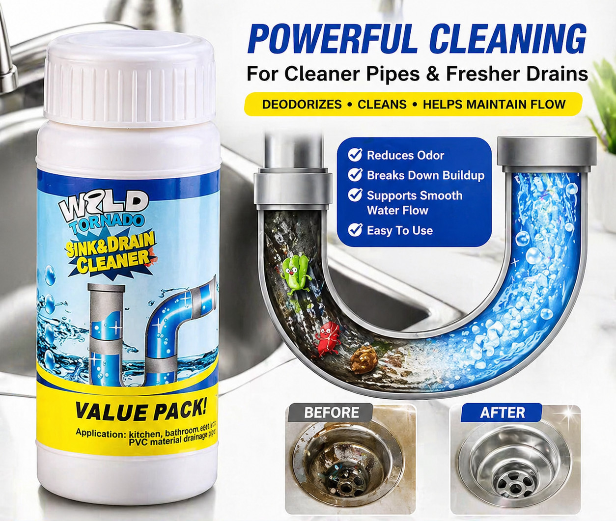 Sink & Drain Cleaner Powder Deodorizer Pipe Unclog Kitchen Bathroom Home Office