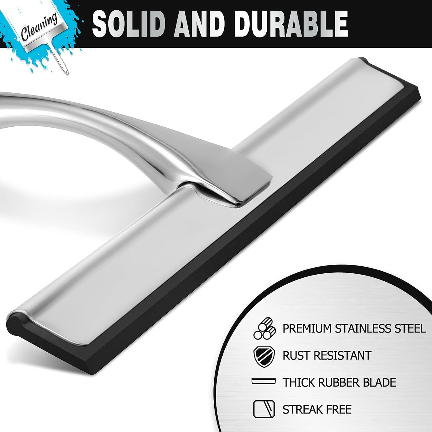 Shower Squeegee, 10-Inch Silver Squeegee, All-Purpose Stainless Steel Squeegee f