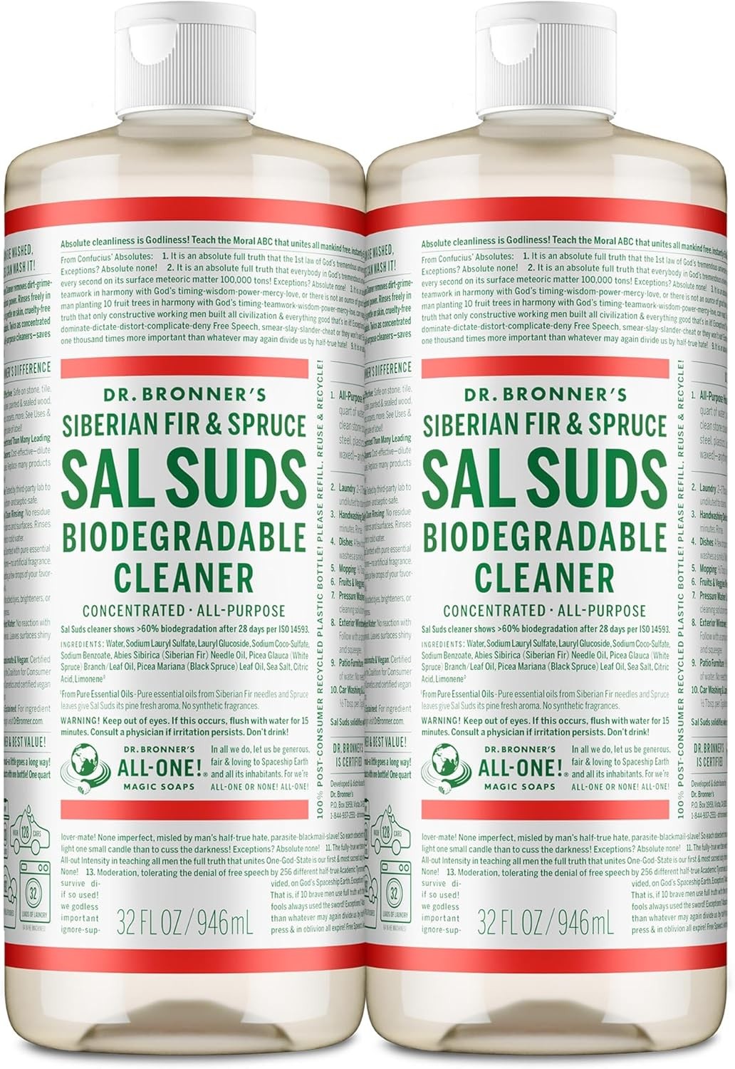 Dr Bronner Sal Suds Cleaner 32oz 2 Pack Multi Surface Concentrate Soap
