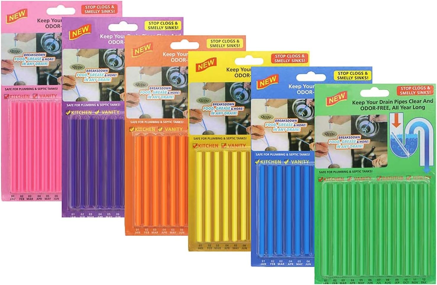 New Sani Sticks Drain Cleaner And Deodorizer 72 pack (Color Set 6) Best Deal USA