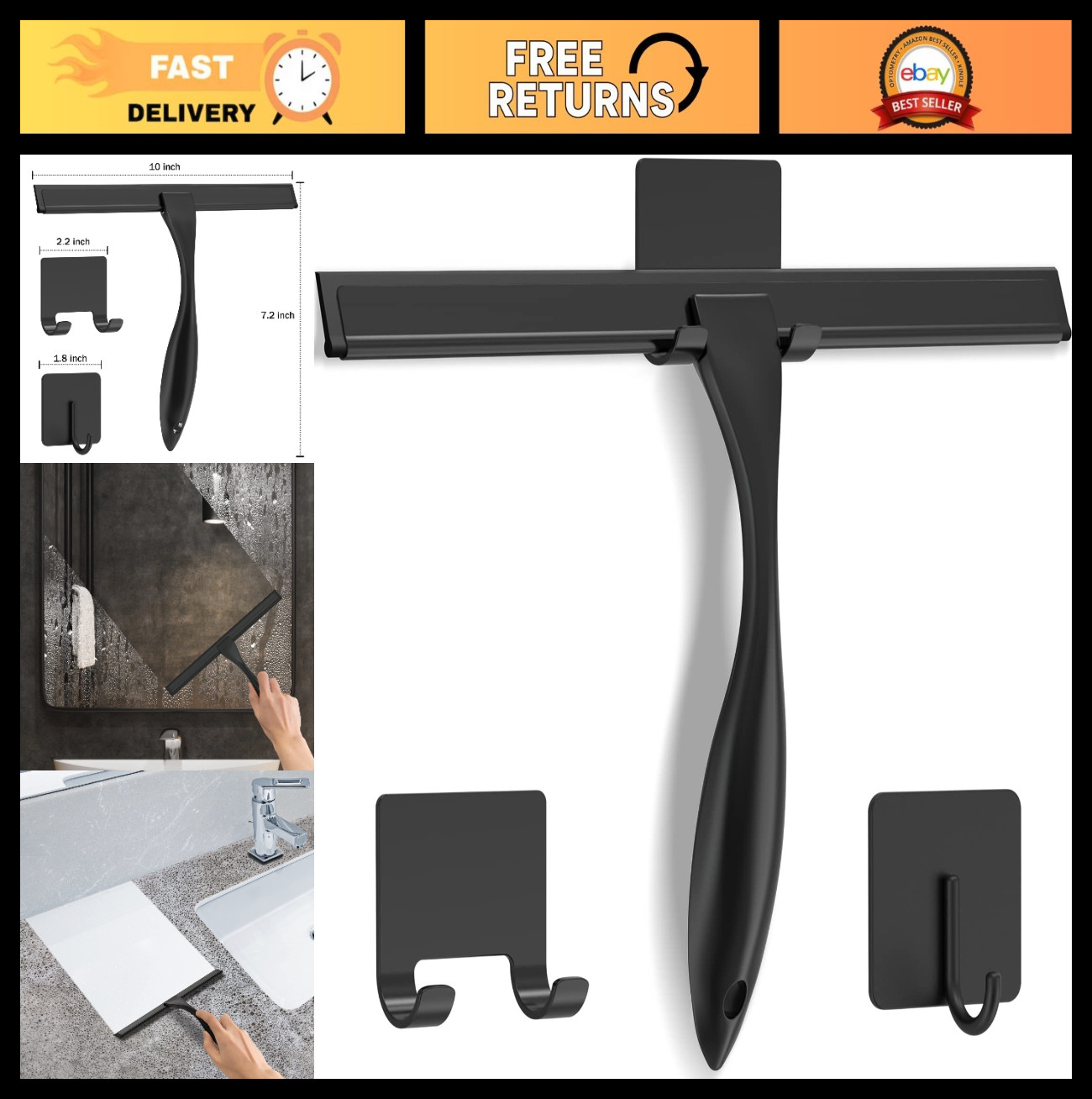 10-Inch Stainless Steel Shower Squeegee with 2 Hooks – Bathroom & Glass Cleaner