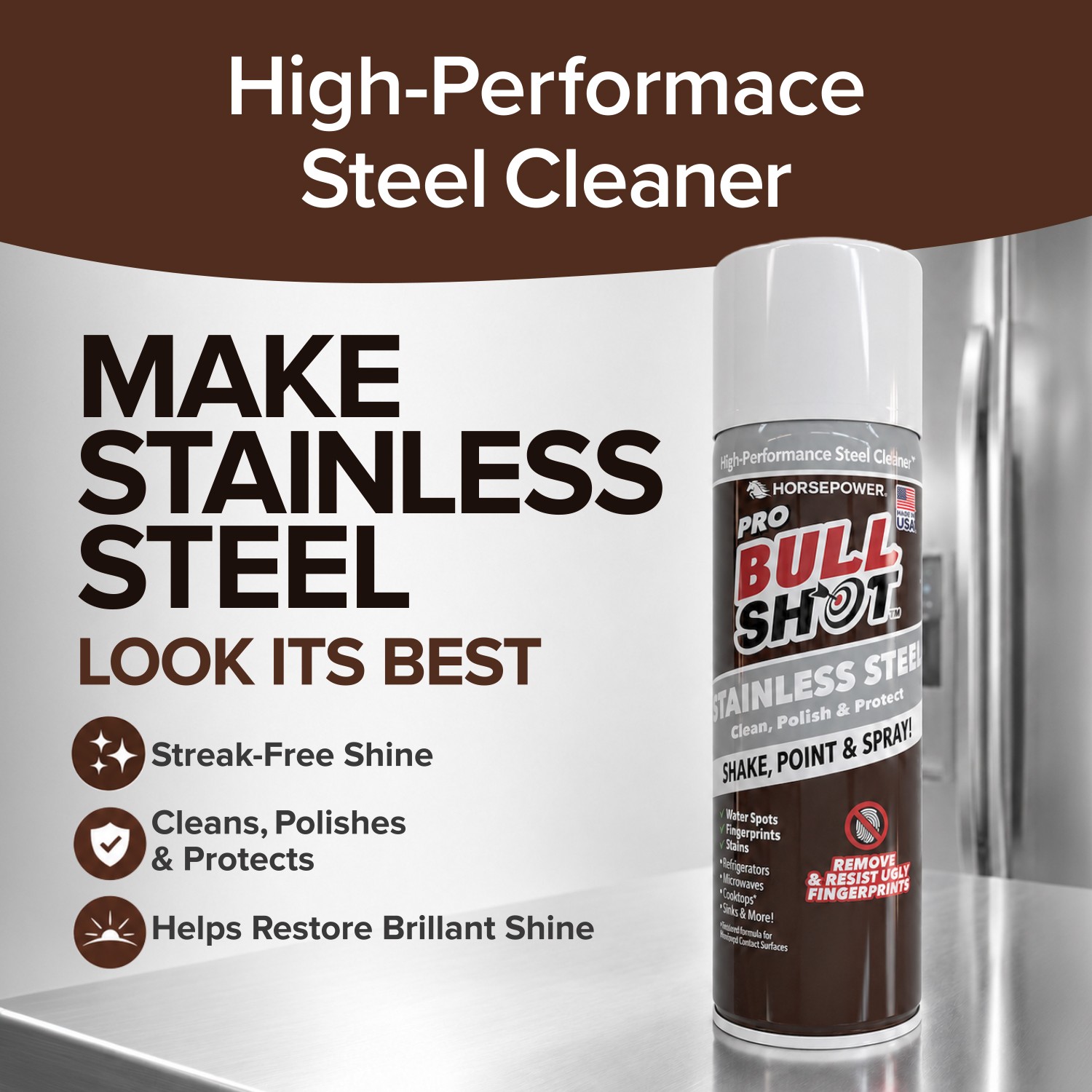 Bull Shot Stainless Steel Cleaner Spray, Cleans & Removes Greasy Fingerprints