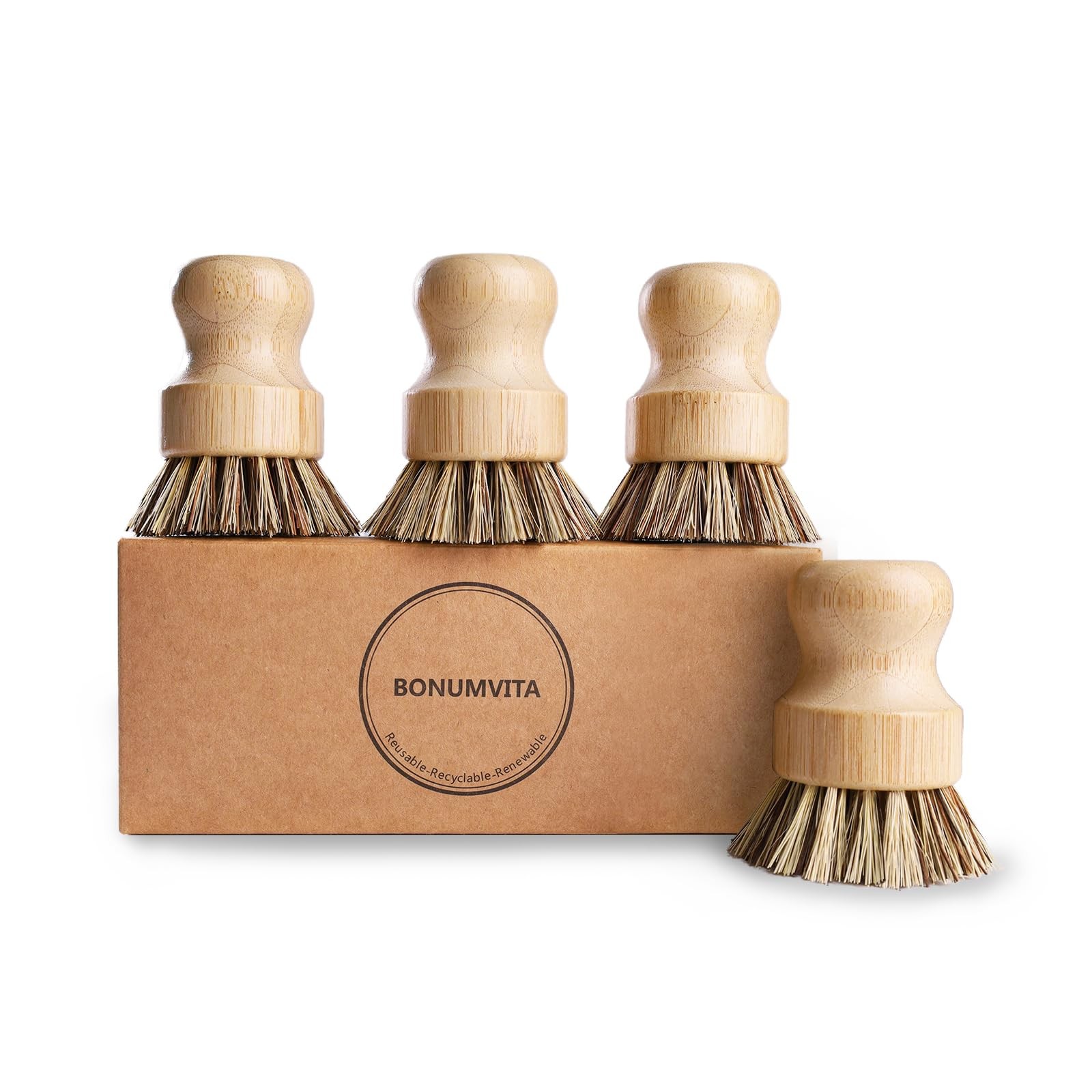 Bamboo Dish Brush Set,4 Pack Kitchen Palm Pot Brush with Union Fiber, Natural…