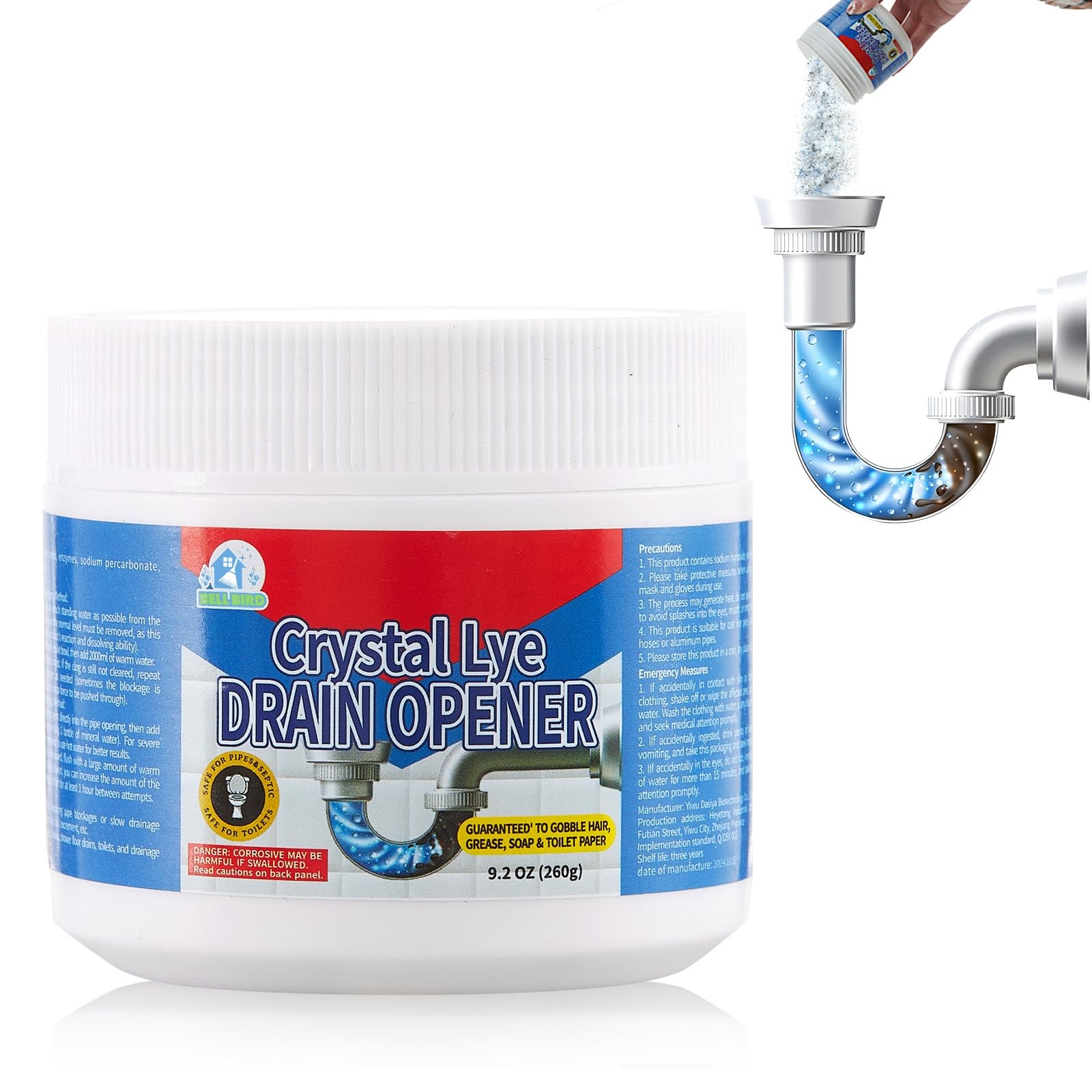 BELL BIRD Drain Opener, 9.2oz Crystal Lye Sodium , Clog for Sinks, Drains, Sh…