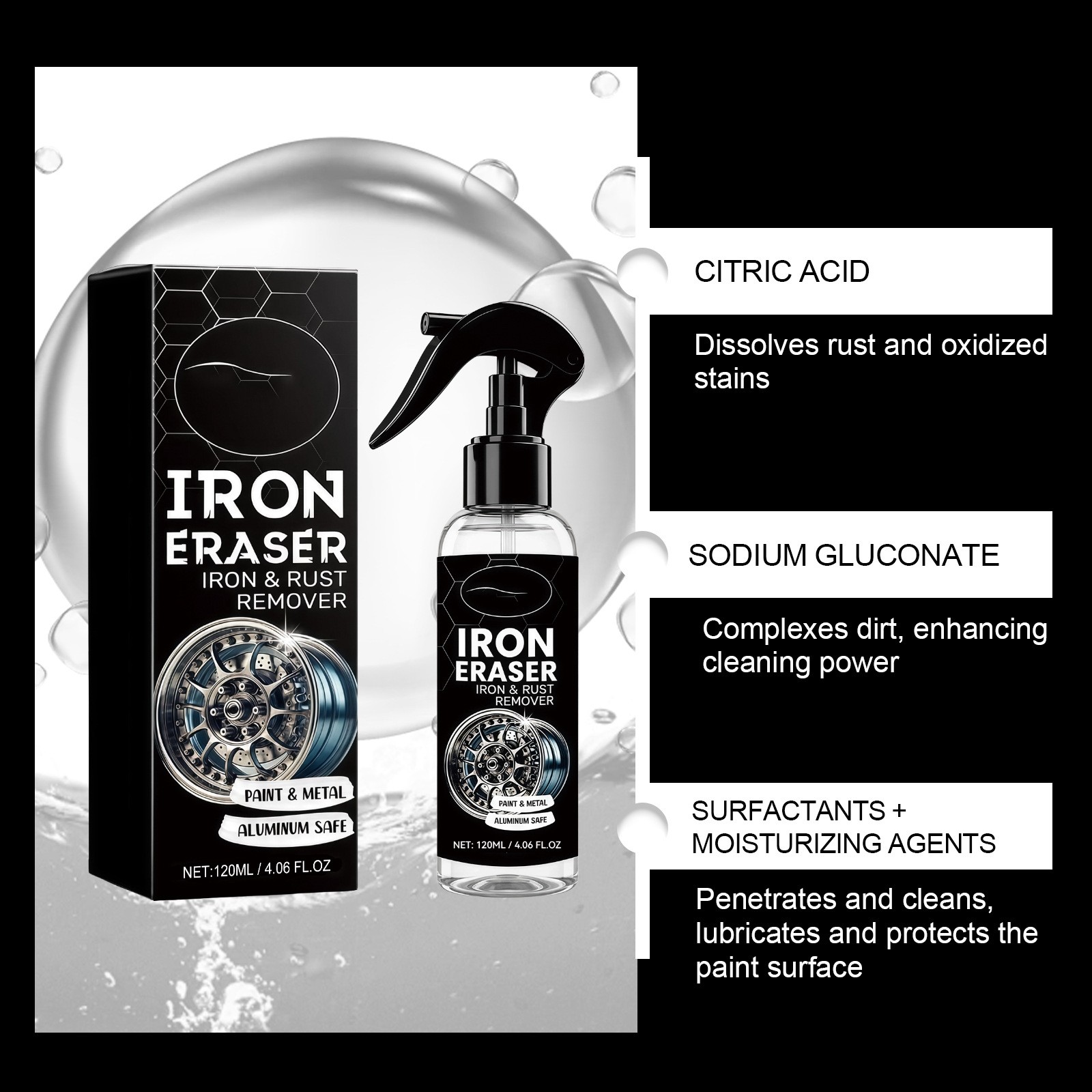 Iron Eraser Rust Remover Spray, Car Wheel Paint Brake Dust Fast Cleaner 120ML US