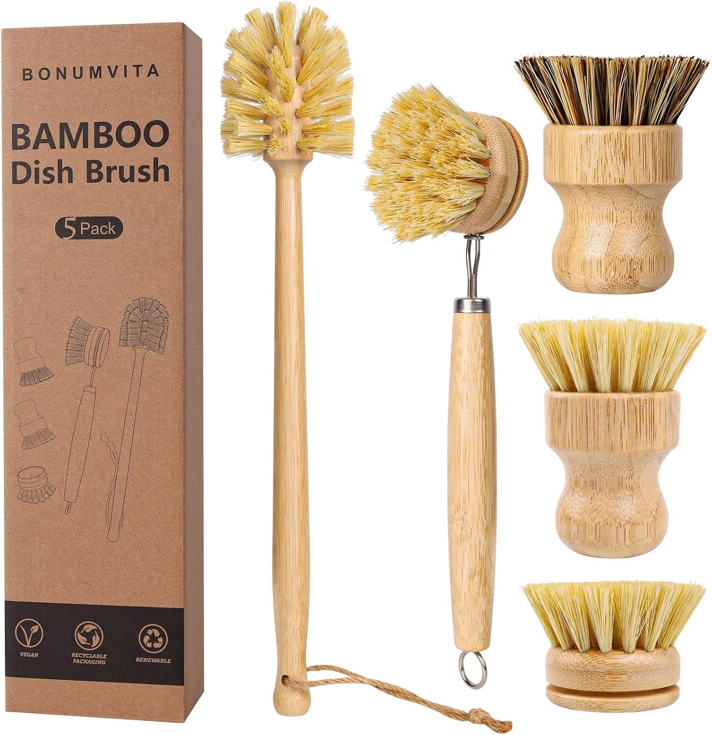 5 Pack Bamboo Dish Brush Set Wooden Dish Brush with 14’’ Bottle Brush Natural