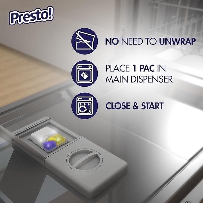 Amazon Brand – Presto! Triple Action Dishwasher Pacs, Lemon Scent, 90 Count