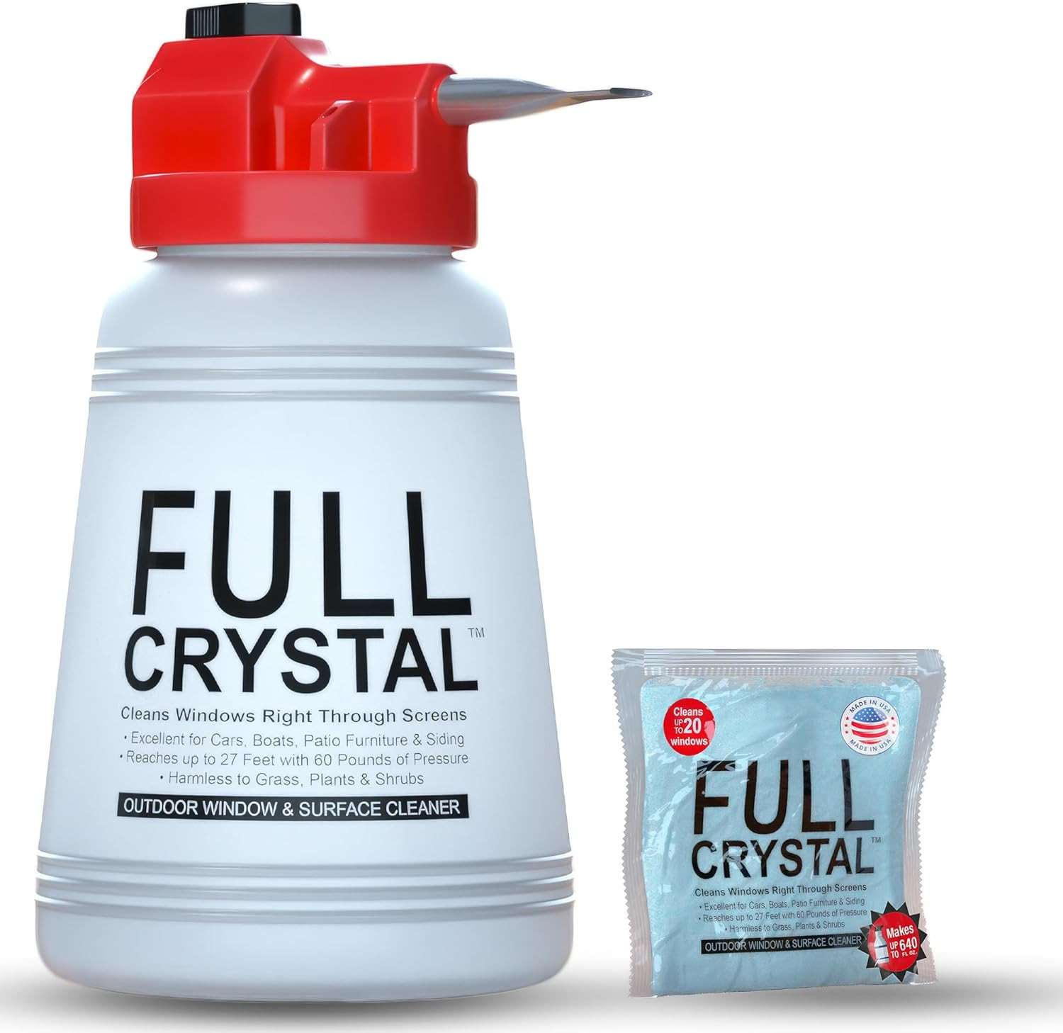 Full Crystal Window Cleaning Kit – 4 Oz Glass Cleaner and Bottle with 27 Ft Reac