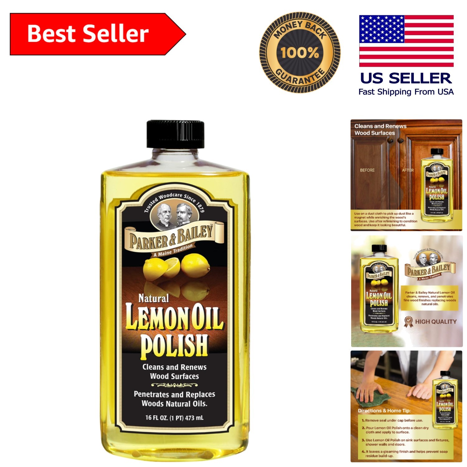 Parker & Bailey Lemon Oil Polish 16oz – Natural Furniture Cleaner with Shine