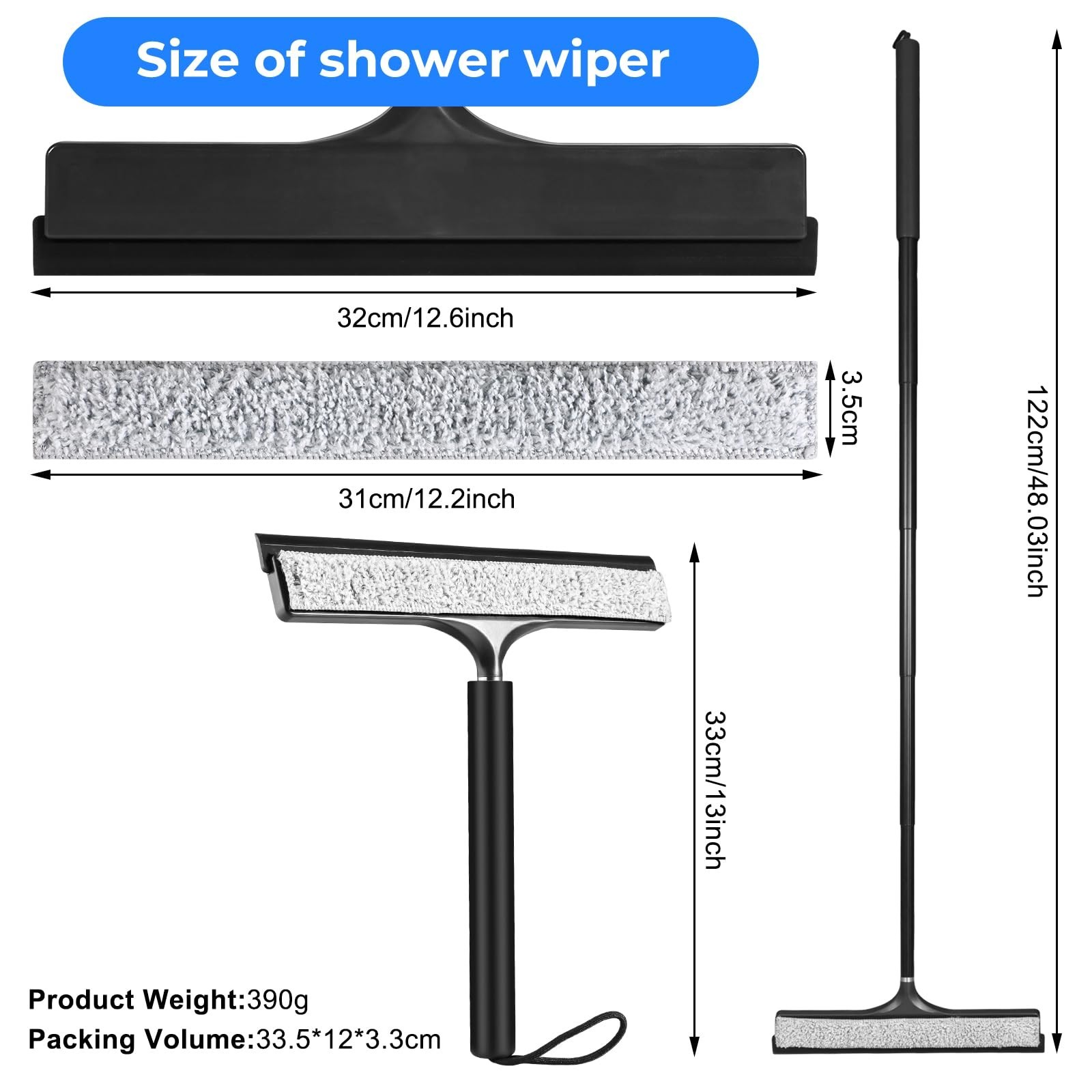 Extendable Shower Squeegee with Long Handle for Glass, Bathroom, Mirrors & Floor