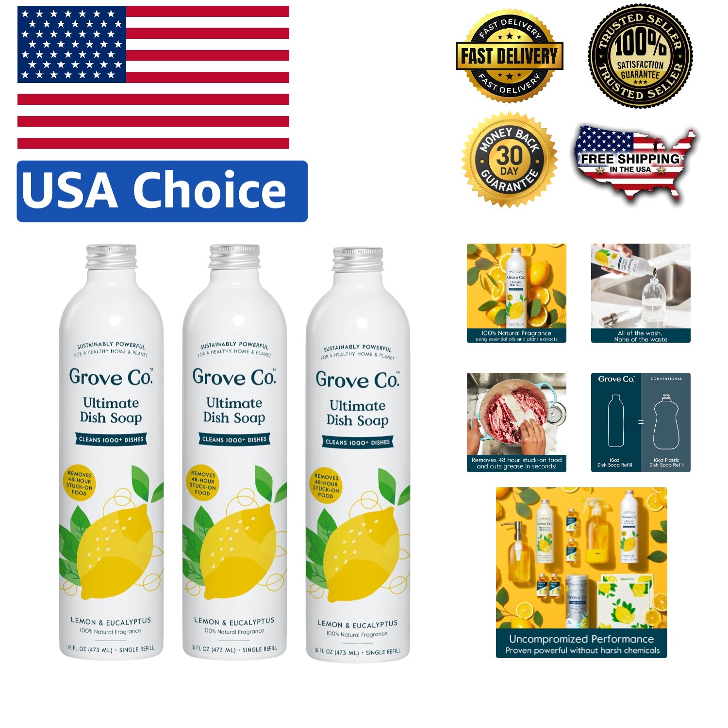 Sustainable Dish Soap Refills 3 x 16 Fl Oz – Tough on Grease, Natural Fragrance