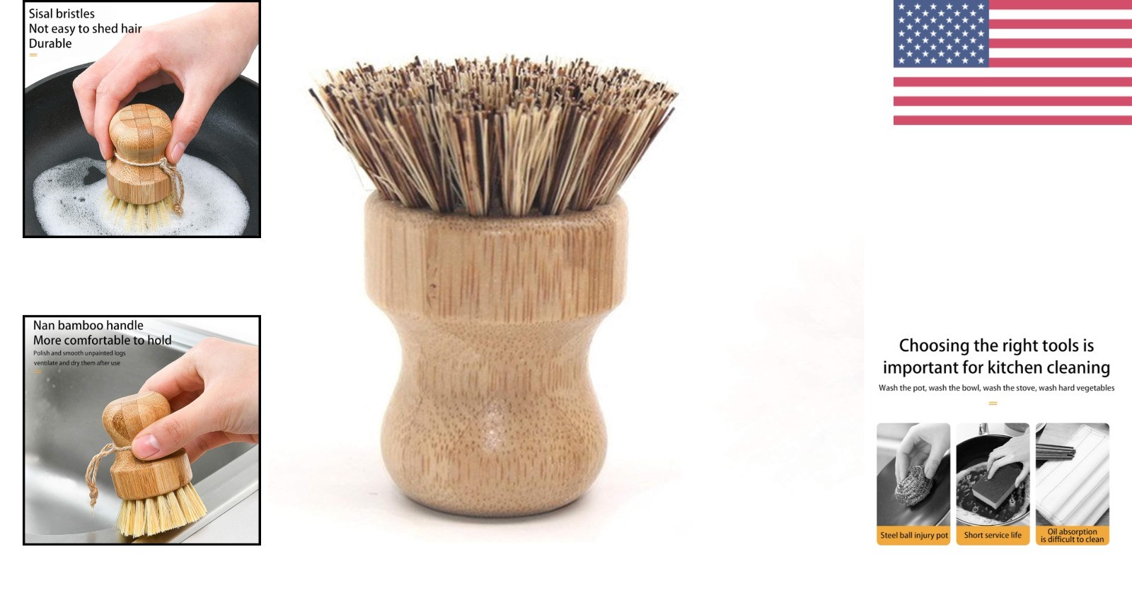 Eco-Friendly Bamboo Round Scrub Brush for Household Cleaning and Vegetables