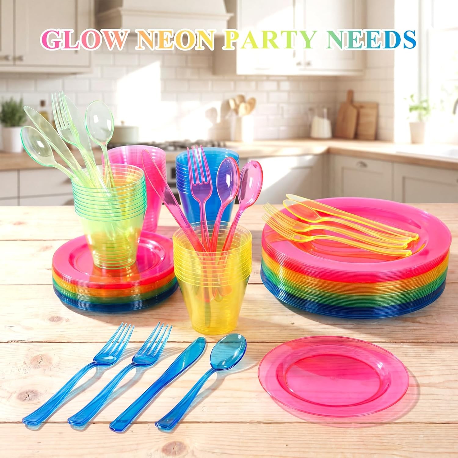 Supernal 216pcs Plastic Dinnerware Set include Rainbow Disposable Plates for P