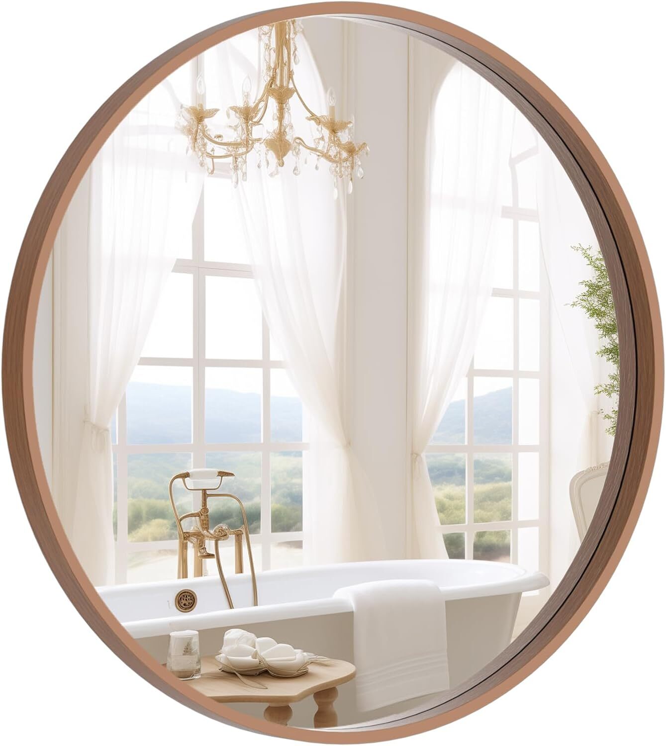 Round Mirror with Wood Frame 24-Inch Bathroom Round Wall Mirror, (Walnut)