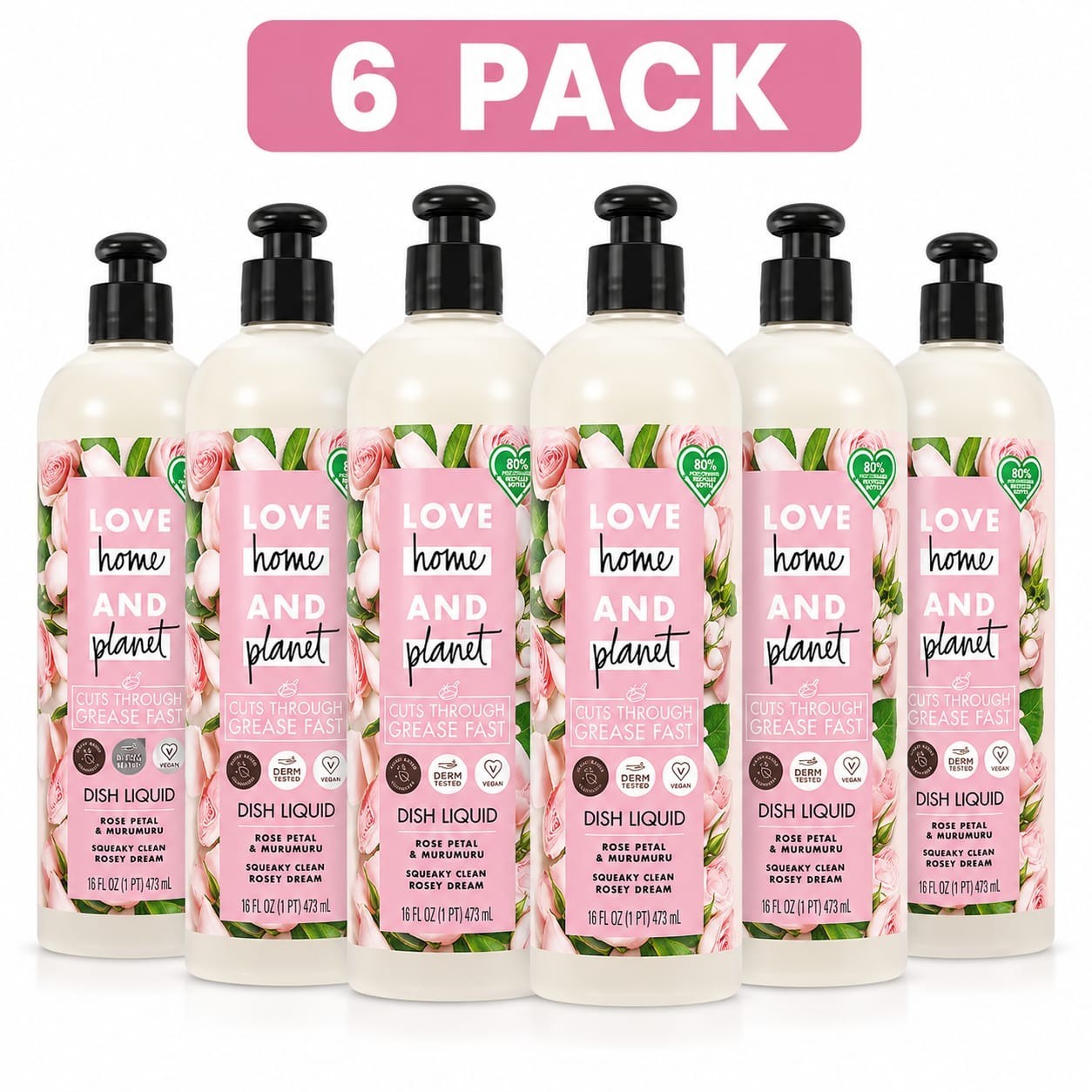 6 Pack Love Home and Planet Dish Liquid Rose Petal & Murumuru 16oz Dish Soap