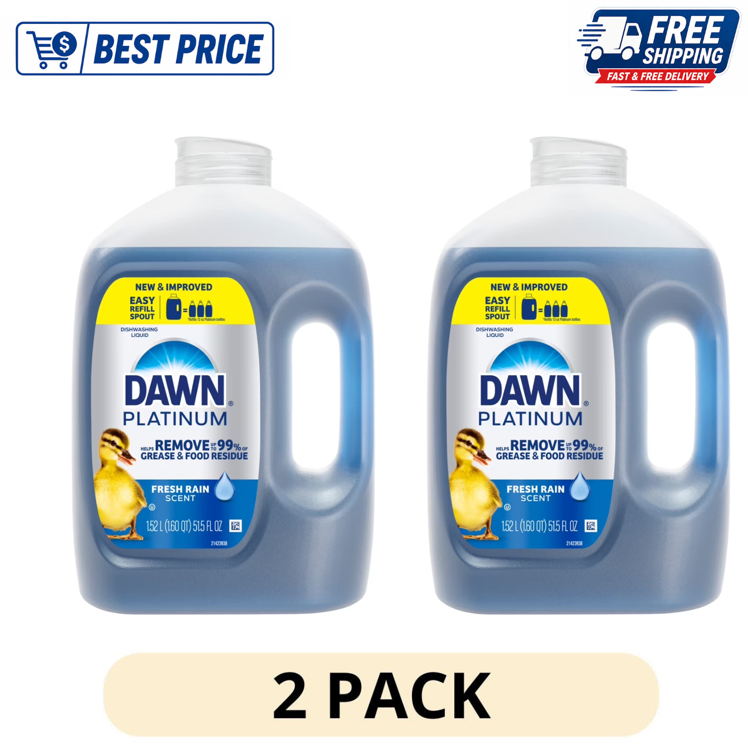 (2 Pack) Dawn Platinum Dish Soap Refill Fresh Rain Liquid Detergent, 51.5 fl oz