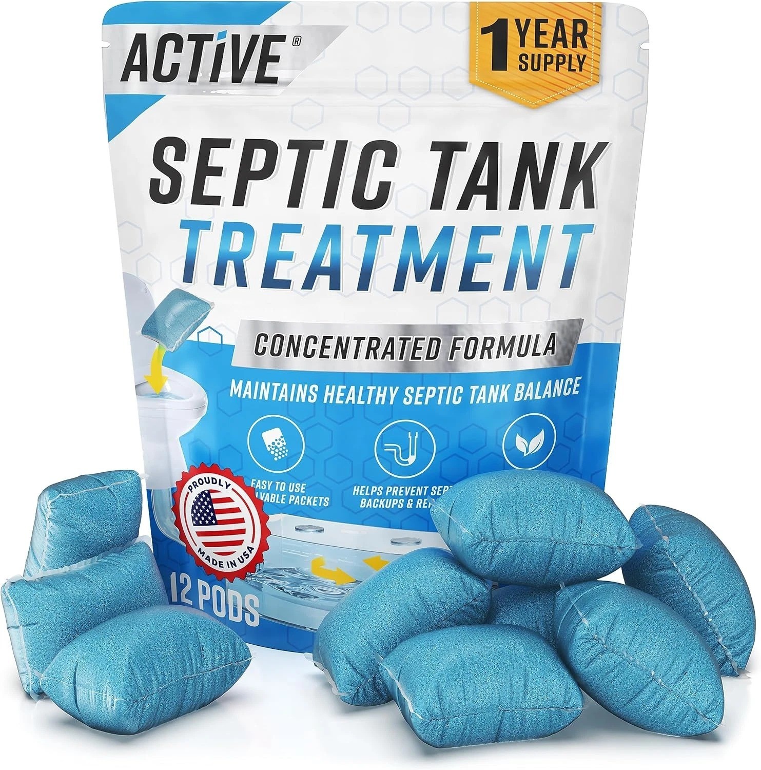 Septic Tank System Treatment Pods – 12 Dissolving Packets | Enzyme-Producing Liv