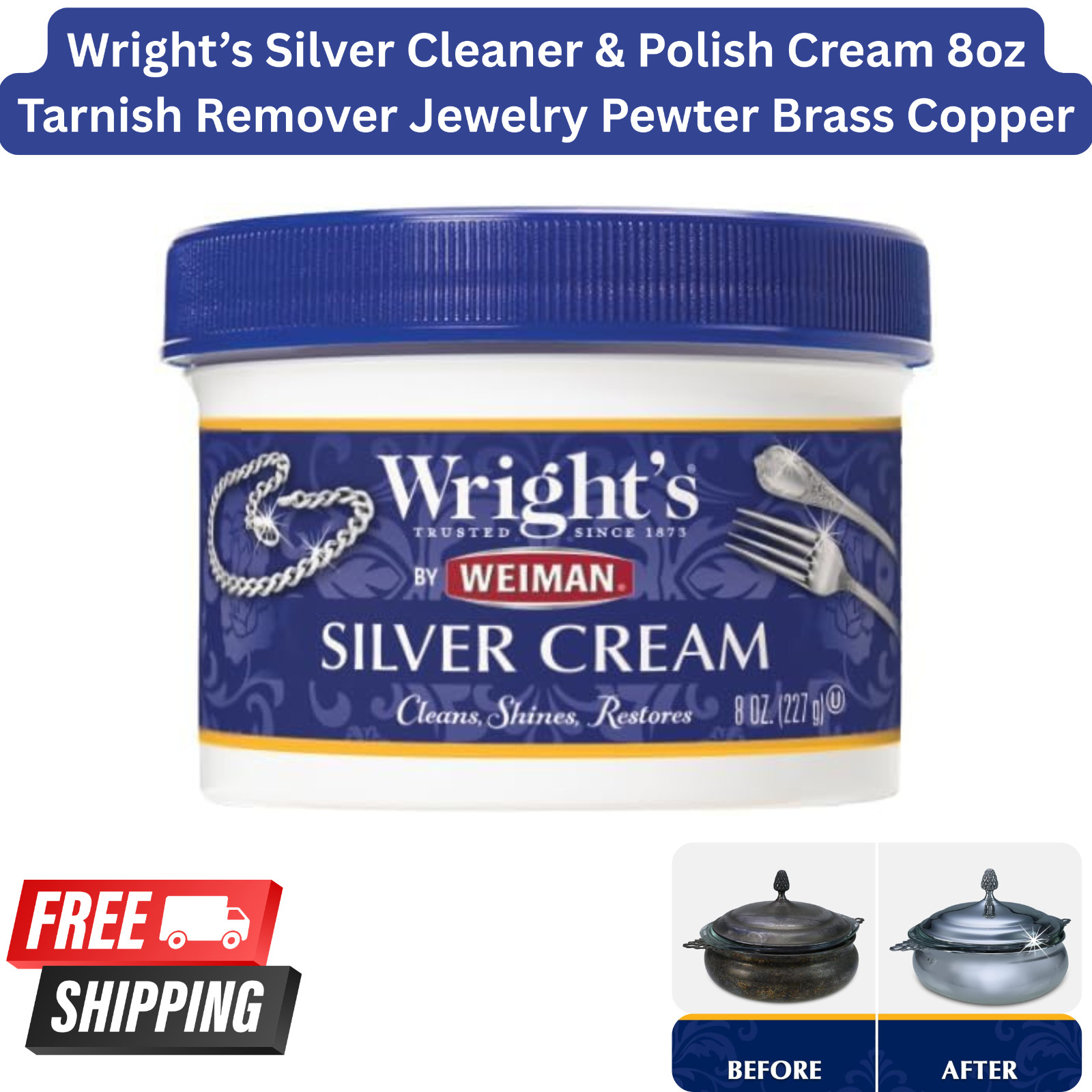 Wright’s Silver Cream Gently Remove Tarnish for Jewelry, Pewter, and Sliver 8 oz