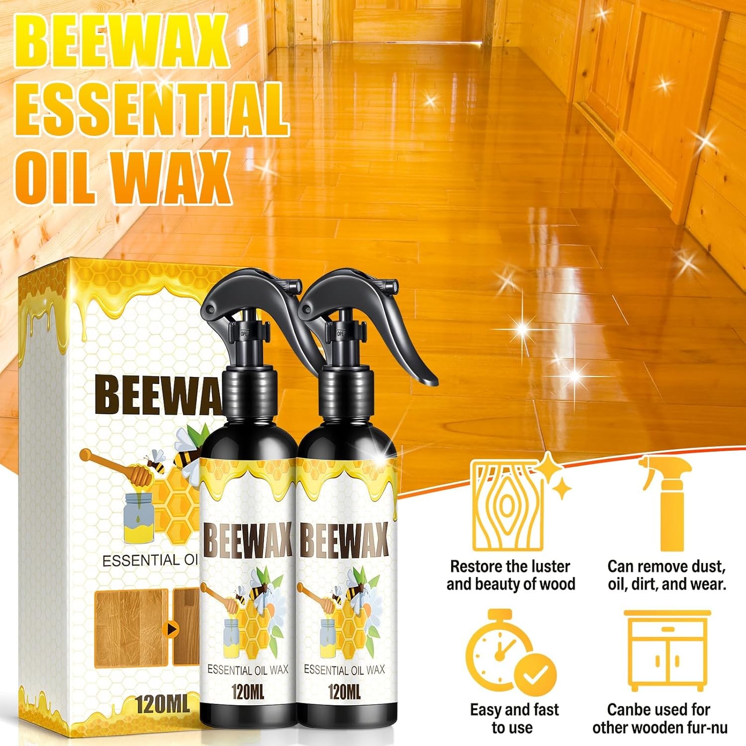 Natural Beeswax Care Spray & Restorer, Wood Cleaner, Furniture Polish for Floor