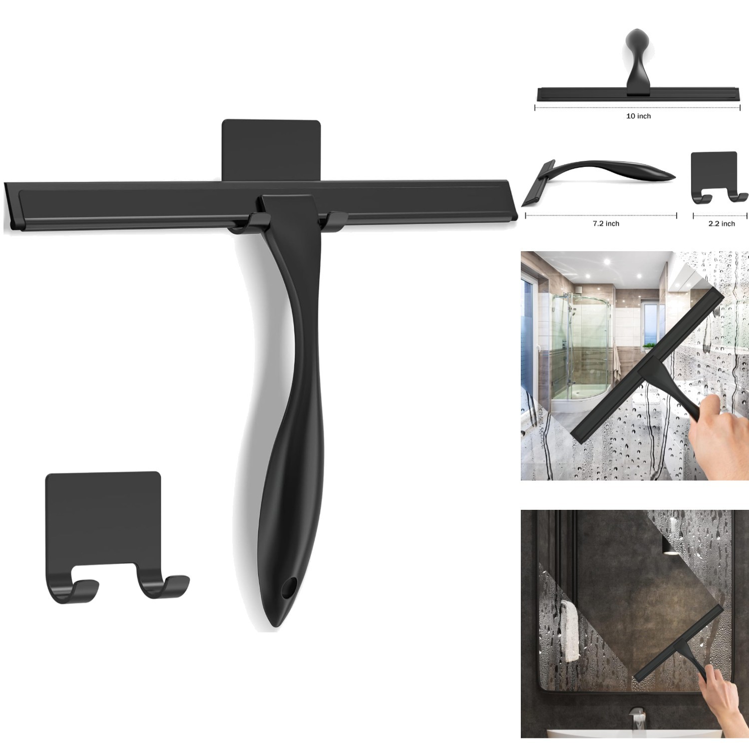 10in Stainless Steel Shower Squeegee for Glass Doors, Mirrors, Tiles, Car Black