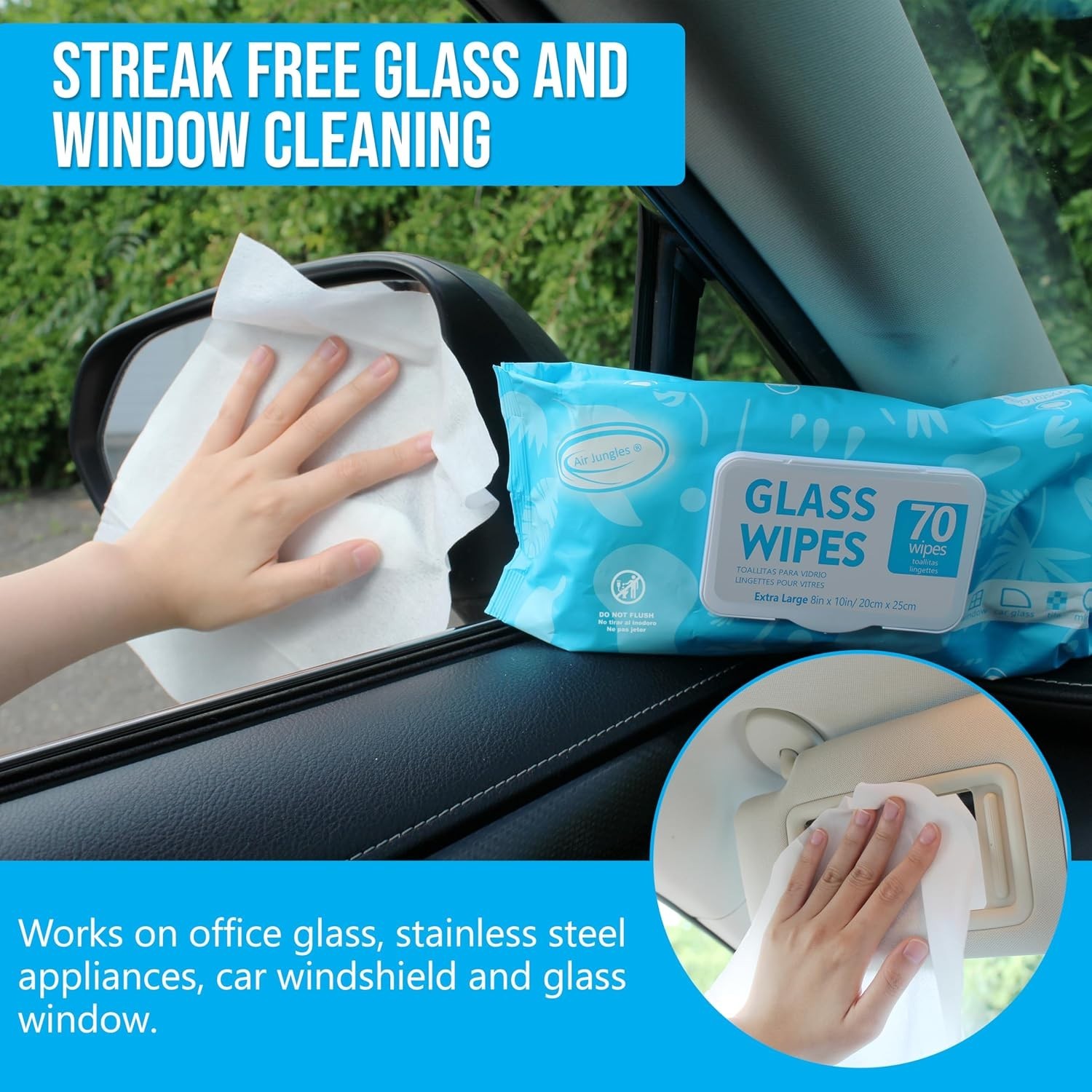 Glass & Window Cleaner Wipes 70 Count, XL 8×10 Inch | Ammonia-Free, Streak-Fr…