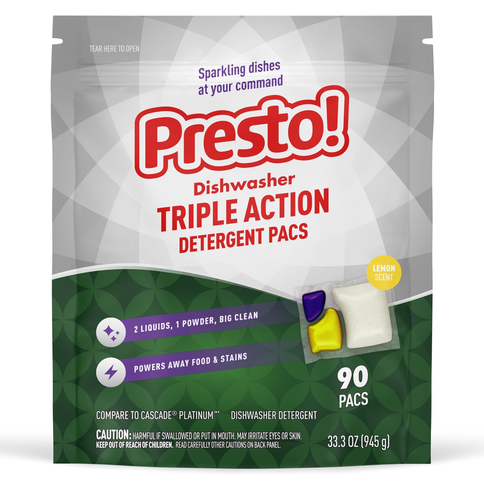 Amazon Brand – Presto! Triple Action Dishwasher Pacs, Lemon Scent, 90 Count