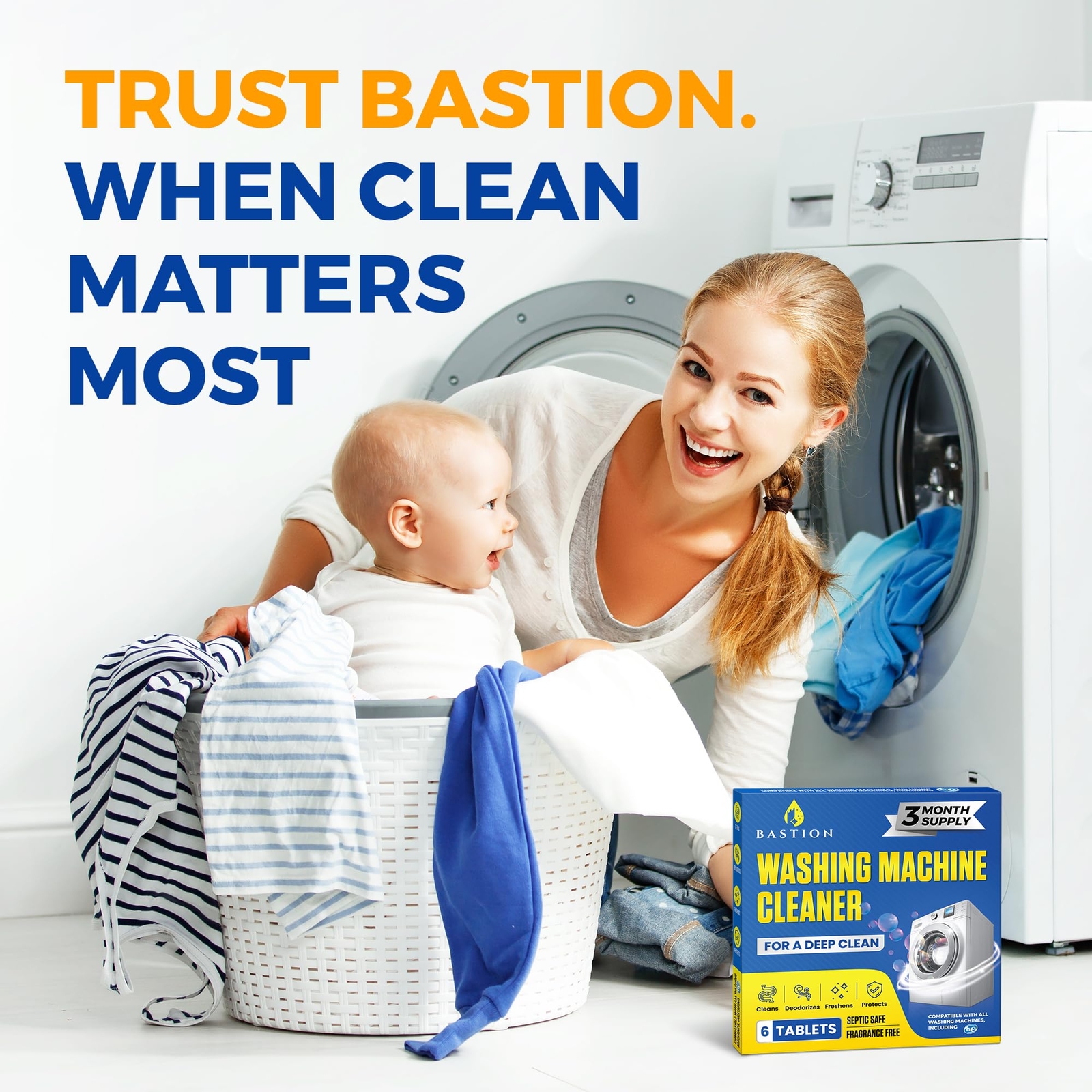 Bastion Washing Machine Cleaner, Deodorizer, & Descaler 6-Pack – 3 Month Supply