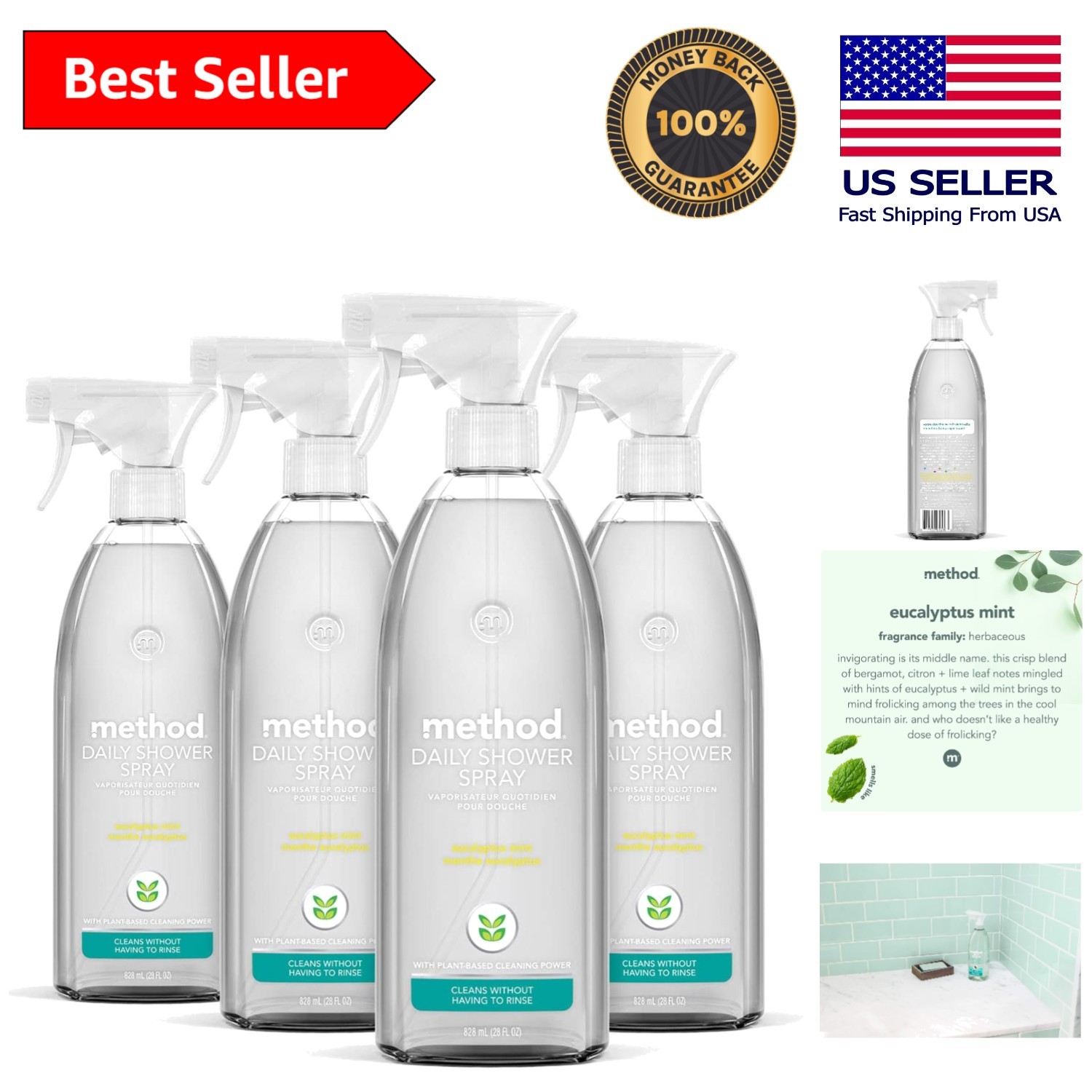 Cruelty-Free Eucalyptus Mint Shower Cleaner – 4 Bottles for Effortless Care